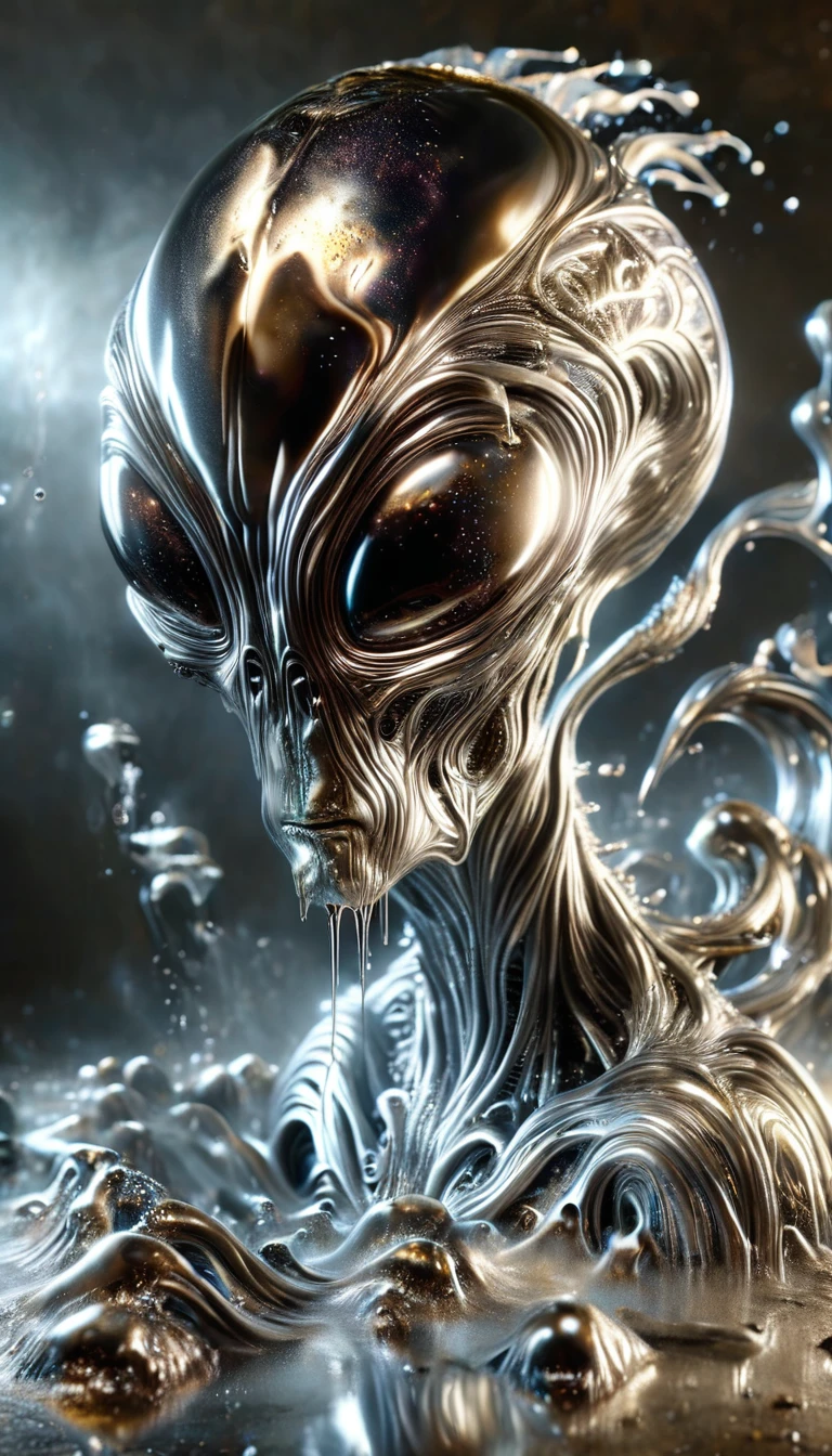 Realistic full-body photo of an alien made of liquid metal, dynamic action poses:1.5, The splashing metal liquid interprets energy and passion, The dripping liquid metal is creepy and scary, Wind effect,