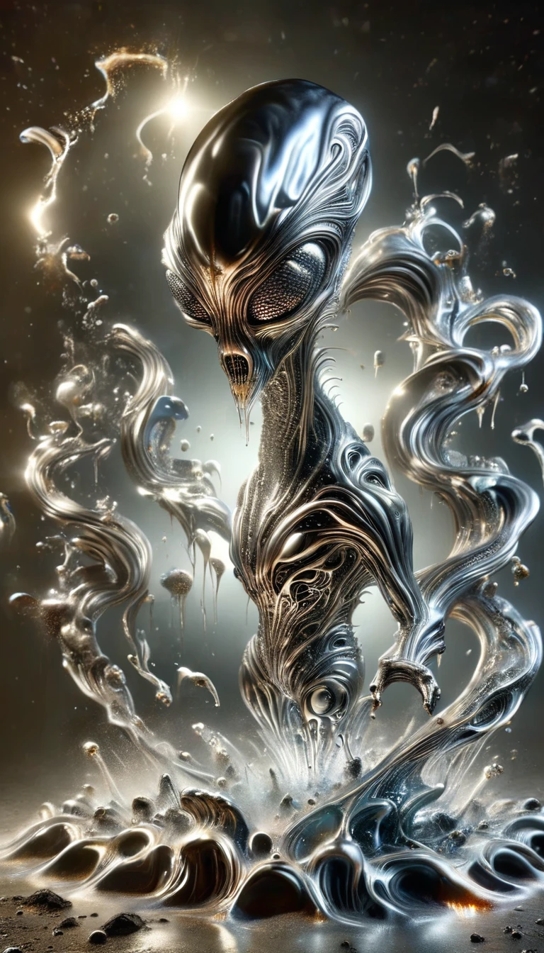 Realistic full-body photo of an alien made of liquid metal, dynamic action poses:1.5, The splashing metal liquid interprets energy and passion, The dripping liquid metal is creepy and scary, Wind effect,