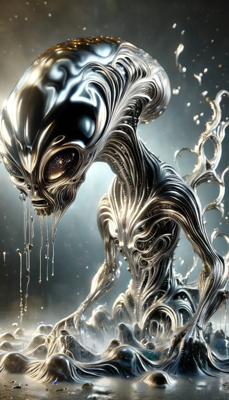 Realistic full-body photo of an alien made of liquid metal, dynamic action poses:1.5, The splashing metal liquid interprets energy and passion, The dripping liquid metal is creepy and scary, Wind effect,