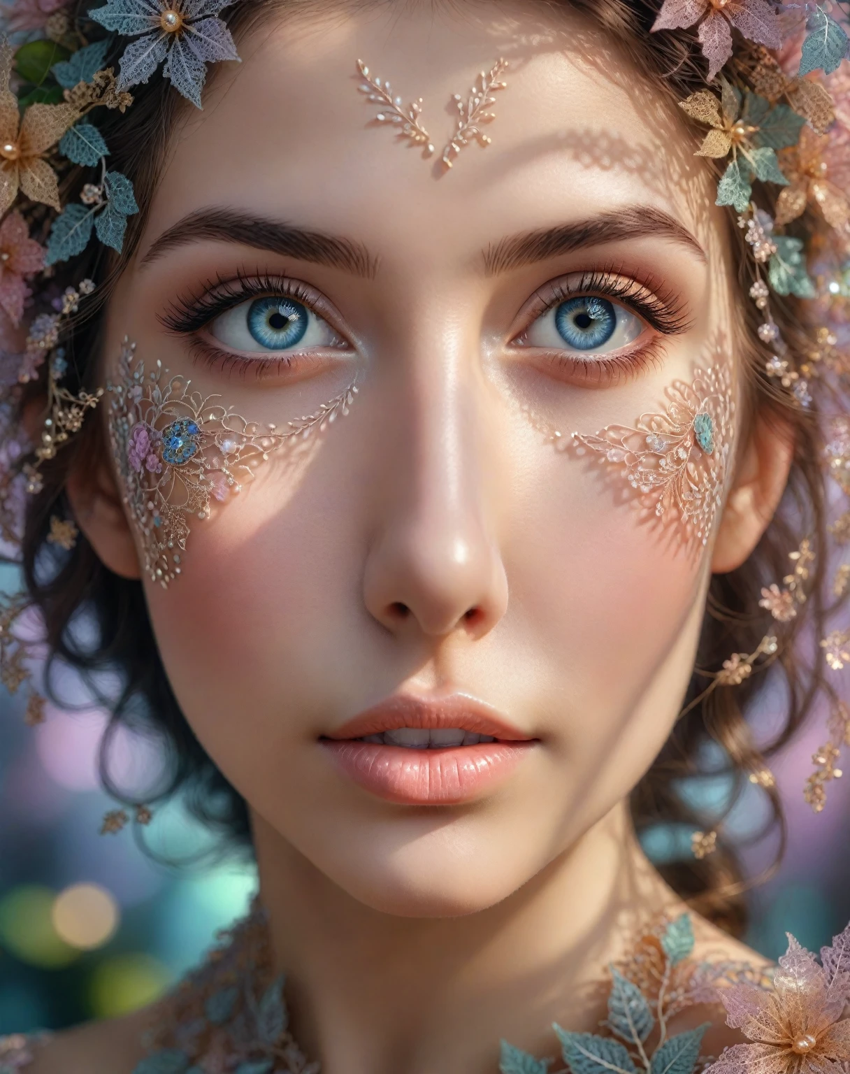 a highly detailed and intricate fractal pattern female portrait, beautiful detailed eyes, beautiful detailed lips, extremely detailed eyes and face, long eyelashes, delicate skin, intricate floral patterns, ethereal, mystical, dreamlike, soft pastel colors, radiant lighting, (best quality,4k,8k,highres,masterpiece:1.2),ultra-detailed,(realistic,photorealistic,photo-realistic:1.37)