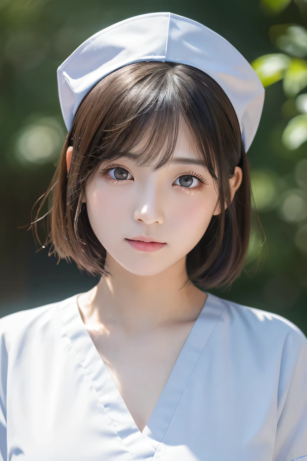 (1 Girl)、(Beautiful Japanese、18years old,round face、Refreshing、clear、seems kind、stylish、Pitiful、cute like an angel、cute、black eyes、,actress,Almond-shaped eyes,Translucent white skin、Beautiful skin), Good style , (Beautiful big breasts:1.2),(soft breasts),(very cute),(Black hair),(short bob hair),(enchanting eyes),(highlight on eyes:1.2)、(8K、Live shooting、highest quality、masterpiece:1.2、optimal lighting)、((masterpiece)),(Photo taken by a professional photographer),(real、photo real:1.4),break,{ (White nurse costume),(((taraditional nurse uniform)))},(Embarrassed face),(tears:1.4))(cheeks are red:1.2), break, break,Old abandoned hospital,Face shot:1.3、looking at viewer, face close-up,Looking up、sitting、