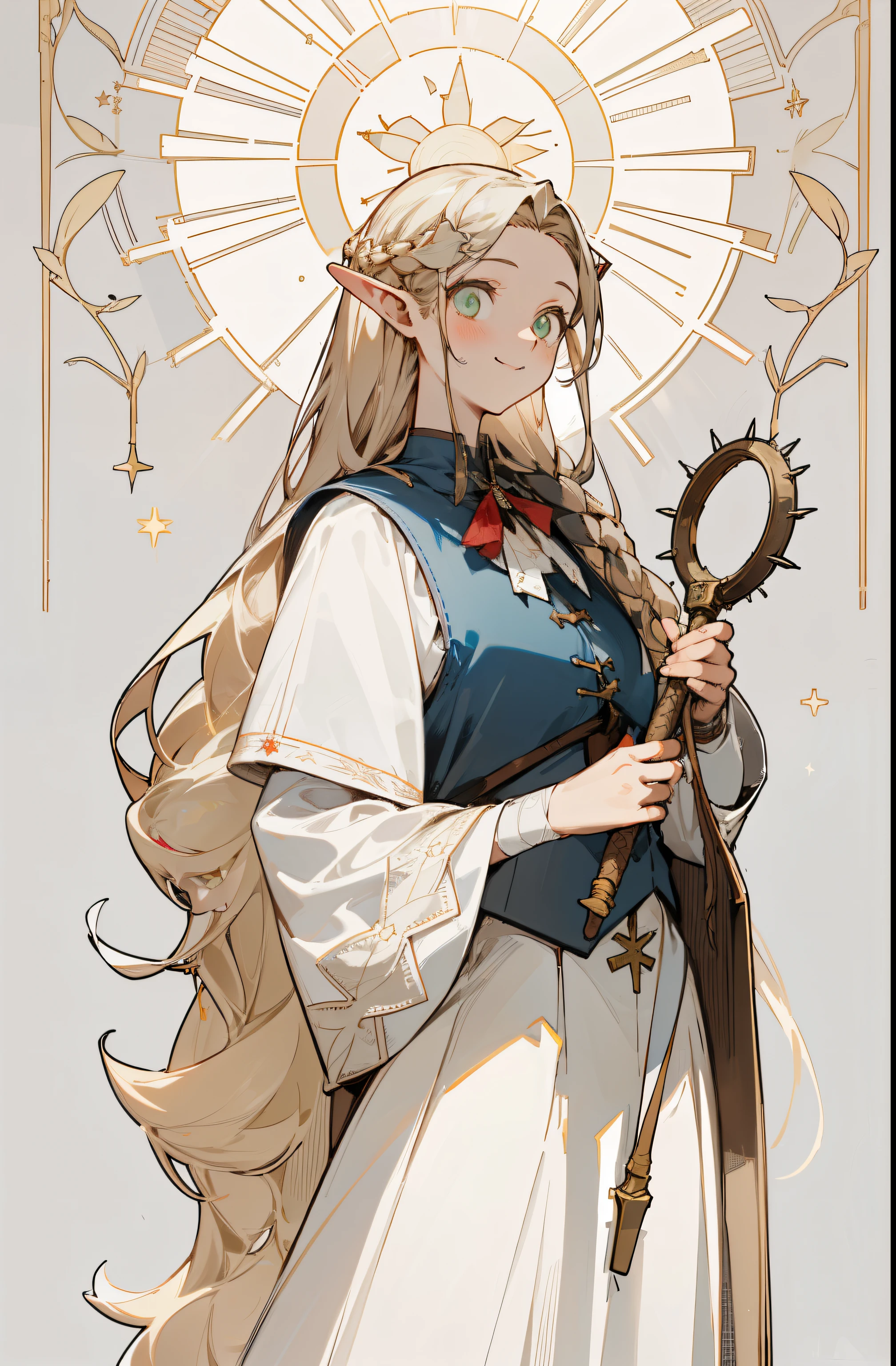 Mother of the Sun、Brunette girl with halo and silver accessories ,（Double hairpin hairstyle），Have long hair on the sideburns，elegant ，Waist length hair，Smile，star decoration，White buds，thorns，Rose，Vest line，Cross Lines，cross bandage，Mesh clothing，Armed with a whip，Brilliant Light，sharpest