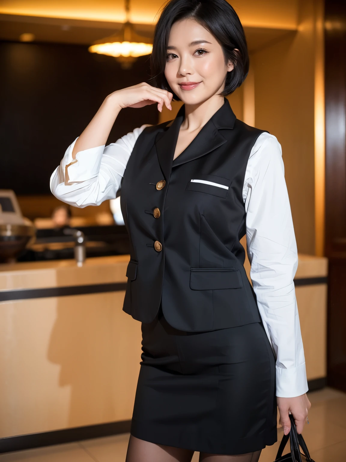 最high quality, In 8K, Masseter region, Vibrant, Sharp focus, high quality, High resolution, Detailed face, fine grain, Thick lips, (Looking at the audience), alone, Beautiful woman, 38 years old, Japanese women, ((Short black hair:1.6))、(Bob Hair:1.4), Cleavage, Lunch break、(Cloakroom lady at a five-star hotel、Large lobby、High ceilings、Large windows、Working at the counter in the reception area:1.3)、(Full body photo:1)、(Japanese women)、(Hotel staff uniform for women:1.8), (She is wearing a dark blue vest over a white blouse:1.5), The vest has three gold buttons, ((Wearing a red scarf around her neck))、(Knee-length dark blue skirt)、(Black pumps:1.5)、(Red lipstick:1.1)、(smile:1.3)、(standard body type)、(D cup breasts)