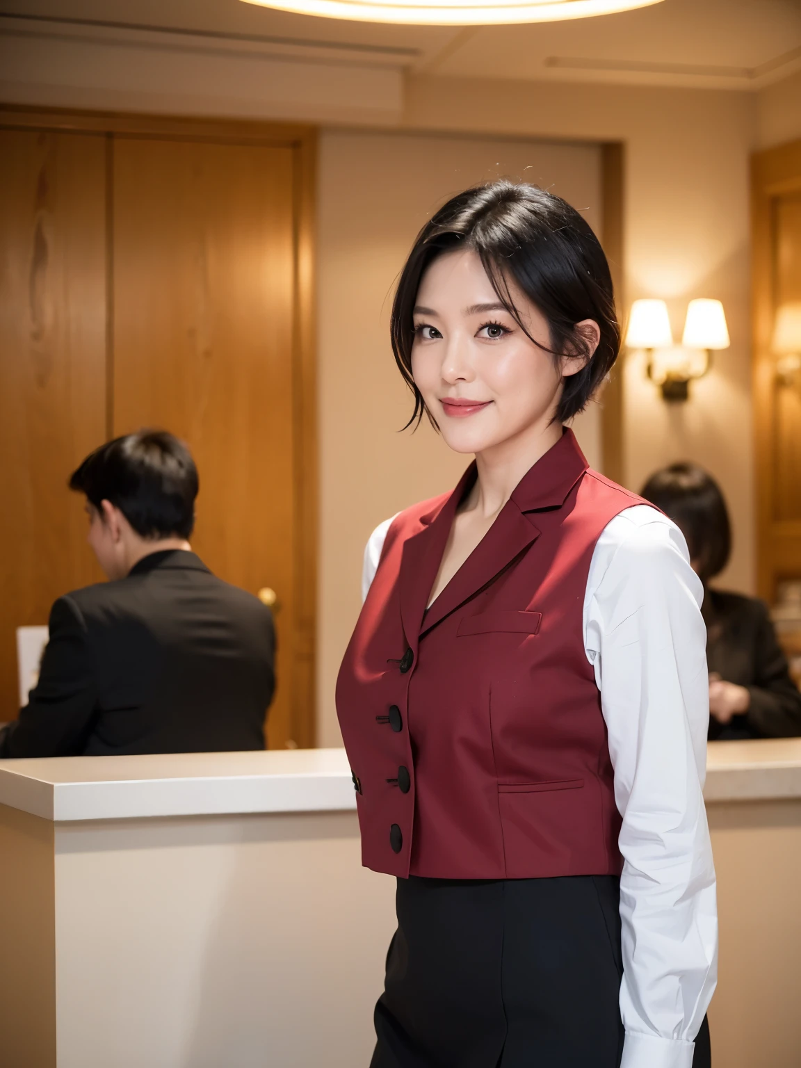 最high quality, In 8K, Masseter region, Vibrant, Sharp focus, high quality, High resolution, Detailed face, fine grain, Thick lips, (Looking at the audience), alone, Beautiful woman, 38 years old, Japanese women, (Short black hair:1.4)、(Bob Hair:1.4), Cleavage, Lunch break、(Silicon Valley IT company headquarters、Large lobby、High ceilings、Large windows、Sit on a bench in the reception area:1.3)、(Full body photo:1)、(Japanese women)、(Female office worker uniform:1.8), (She is wearing a dark blue vest over a white blouse:1.5), The vest has three gold buttons, (Wearing a red scarf around her neck)、(Knee-length dark blue skirt)、(Black pumps:1.5)、(Red lipstick:1.1)、(smile:1.3)、(standard body type)、(D cup breasts)