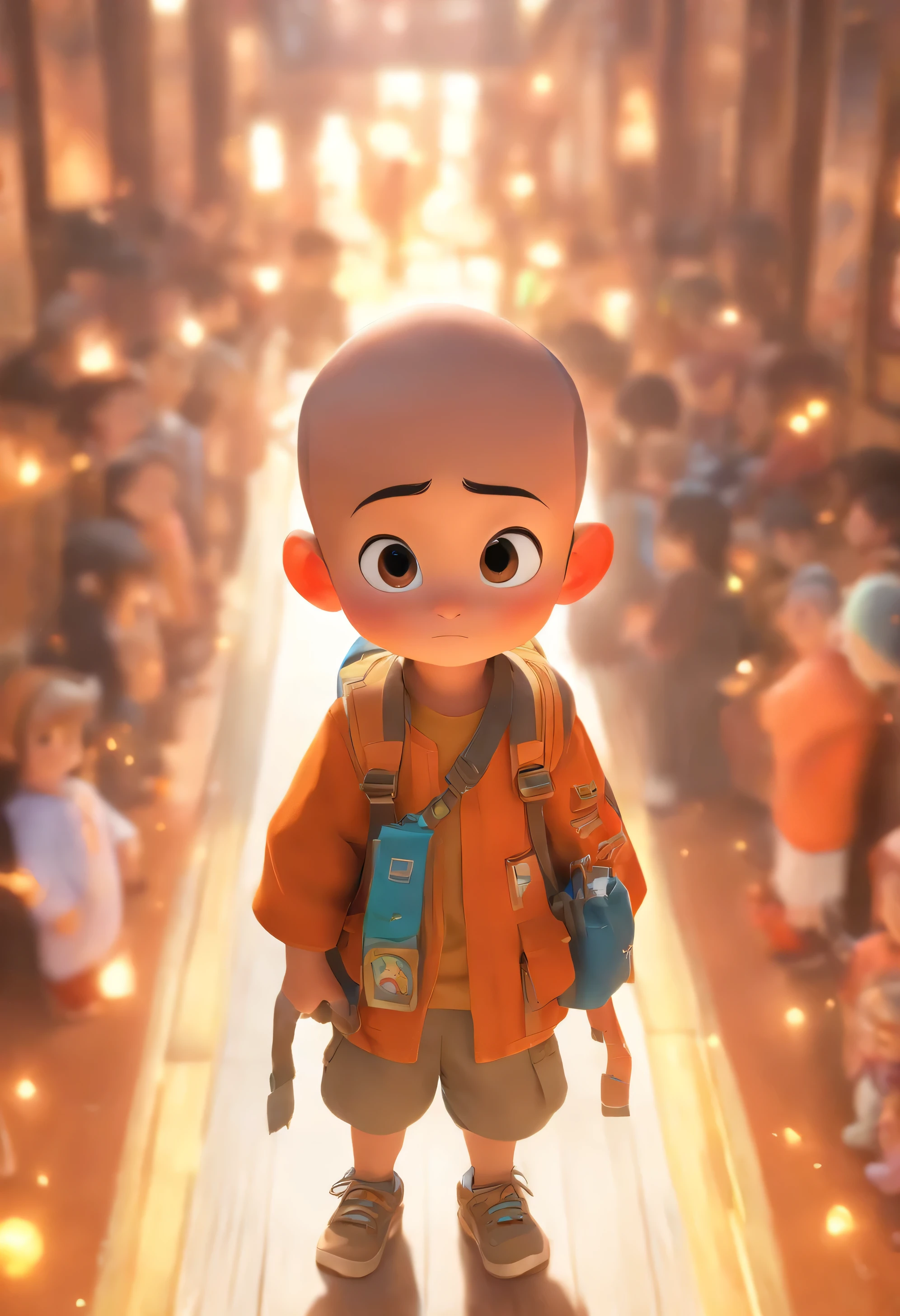 (Pixar Style),A 5--old nese boy with a shaved head carrying a large backpack,chest,Gold Gemstoneiniature character models, Light source from right to left, Rum lighting, Light source from right to left, Realistic proportions, Post-processing, ((Orthogonal Perspective)), Super Detail, Realistic, Ultra-realistic, Photorealistic Rendering,
