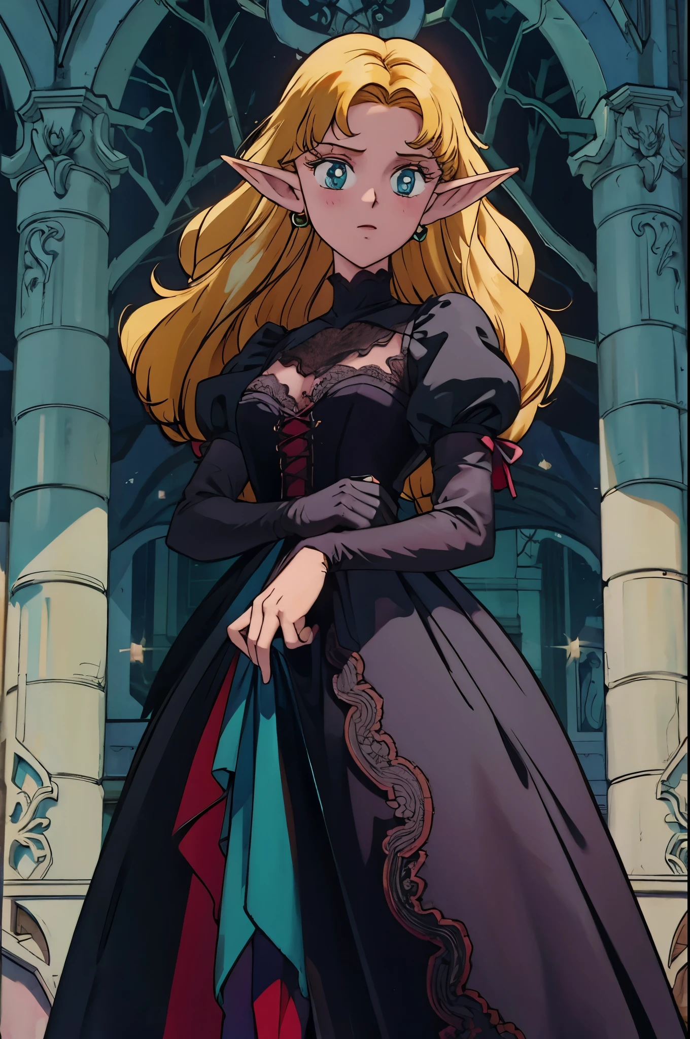 elf girl. long blonde hair, long lace black dress, gothic dress, gloves