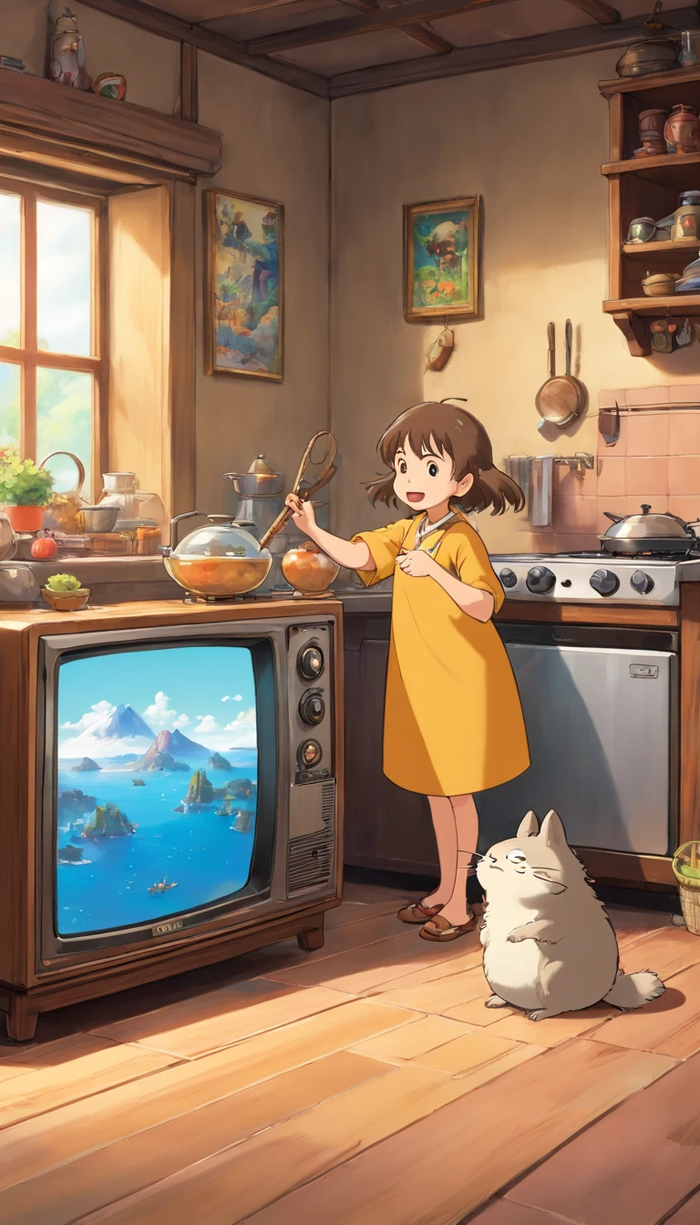 Stickers,(masterpiece, highest quality, Very detailed, 8k wallpaper, Realistic), Concept Art, Anthropomorphic old TV, a monstrous device, Whimsical, Kitchen threats, Manga style, Vibrant,Animal characters fighting the wind,Mascots,interesting,Trick Art