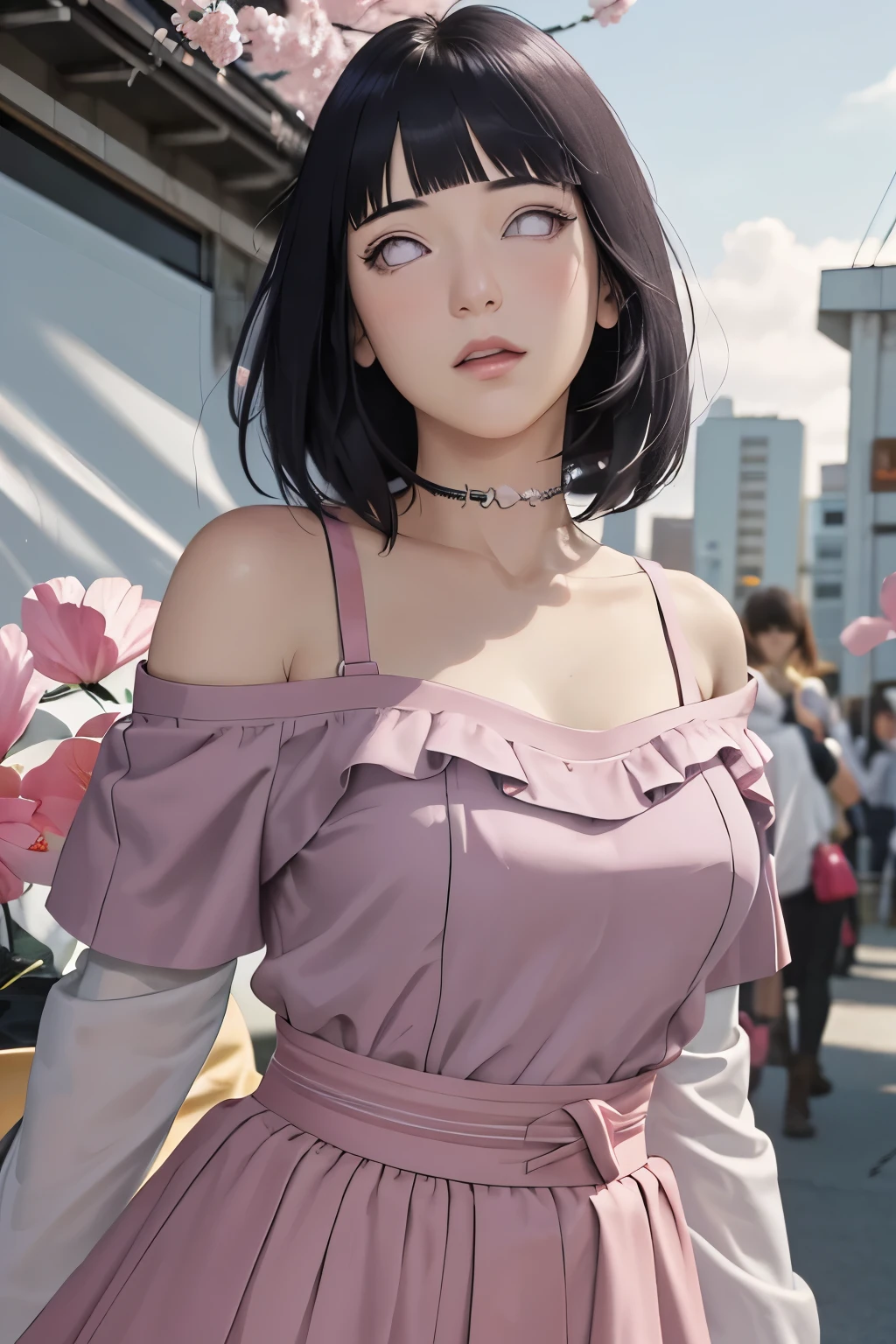masterpiece, absurdres, hinata\(boruto\), 1girl, solo,mature female, off-shoulder strap bra, high waist short skirt, looking at viewer, (falling petals), perfect composition, detailed lips, big breast, beautiful face, body propotion, blush, (pink lips), long hair, purple eyes, soft gaze, super realistic, detailed, photoshoot, realistic face and body,