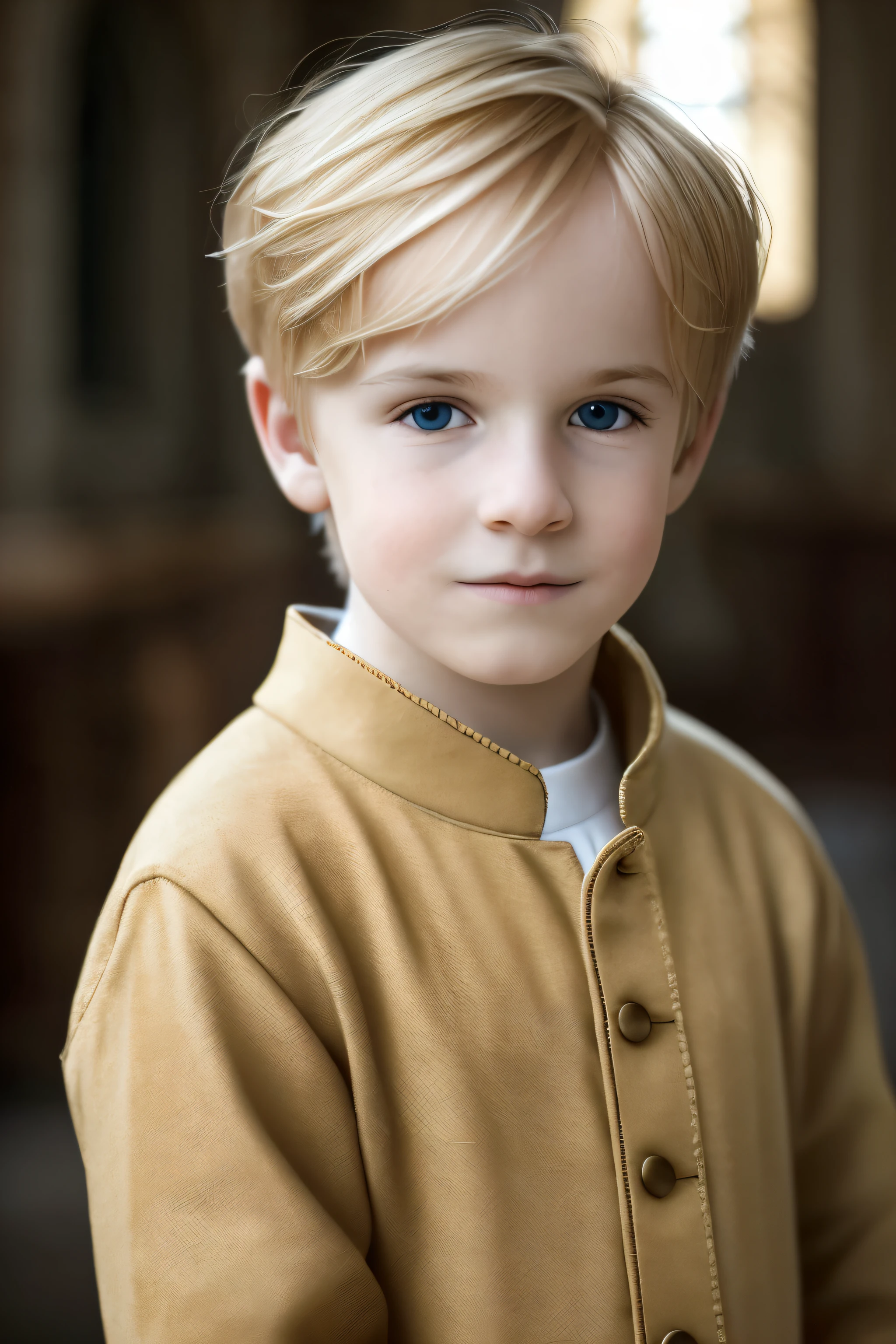 a innocent boy, golden blonde hair, whole body, in castle, masterpiece, realistic, 4k, detailed, inside castle, highly detailed face, f2.8,denoise, dof, regal outfit, blur background,