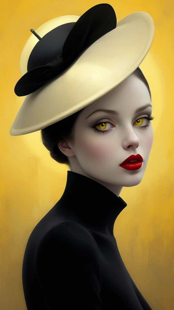 picture of a woman in a hat and red lipstick, inspired Ray Caesar, digital art of elegance, Ray Caesar, surreal black and yellow, smooth yellow eyes, glossy digital painting, stunning digital illustration, Natalie Shaw, exquisite digital illustration, elegant digital painting, Natalie Shaw tom bagshaw, Beautiful yellow woman, wide golden eyes and red lips