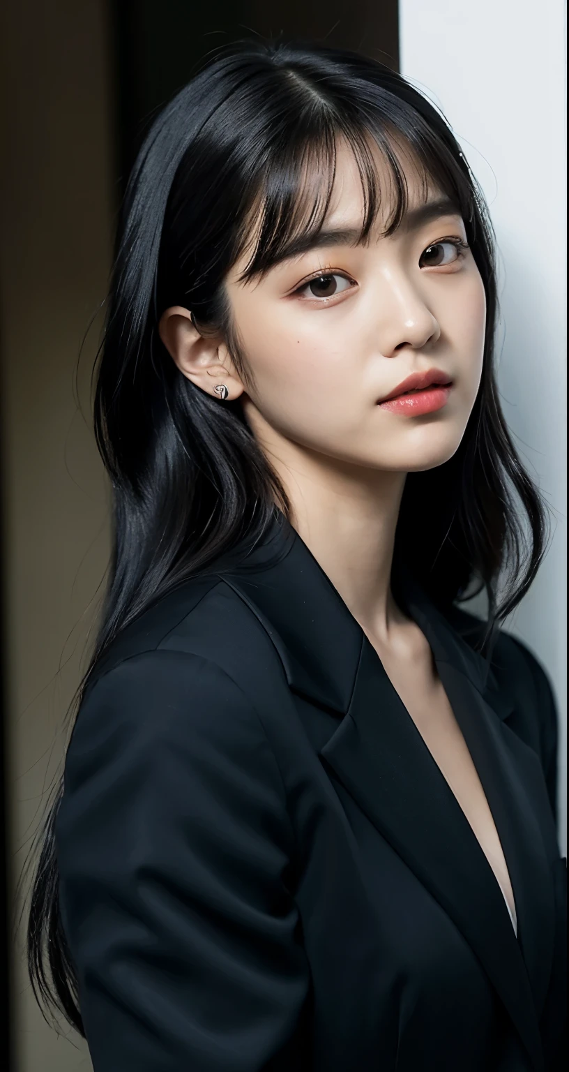 a close up of a woman in a suit posing for a picture, jisoo of blackpink, jisoo from blackpink, bae suzy, portrait jisoo blackpink, hwang se - on, jinyoung shin, park ji-min, she has black hair with bangs, she has black hair, female with long black hair, her black hair is a long curly, jia
