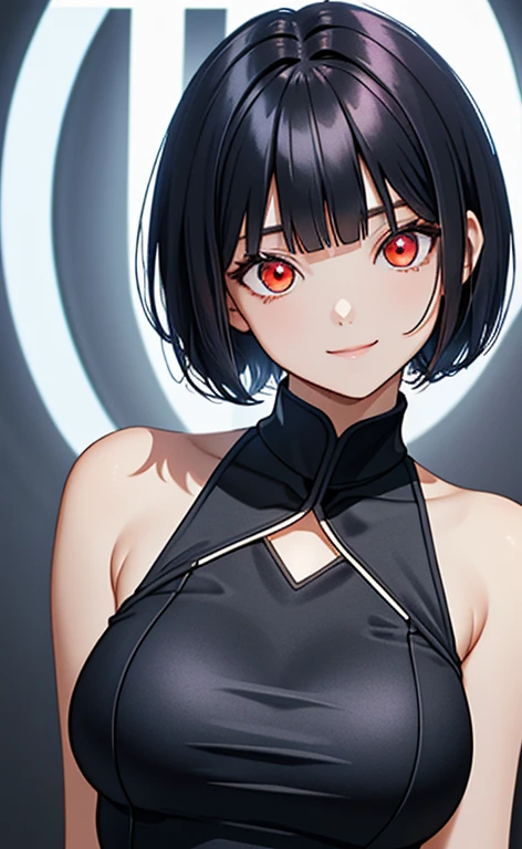 (masterpiece:1.4、top-quality、illustration)、(character focus、,upper body:1.3)、(face:1.5),(1girl),(Gentle face:1.2),(Beautiful eyes:1.4),cute face,(red eyes:1.3)、(tareme:1.3)、(:1.3),
),(stand:1.4),、(Gentle smile:1.2),(head tilt:1.3),
(blue black hair),(short hair:1.5)、
,(glowing eyes:1.3),（sleeveless turtleneck china dress:1.5),
(blunt bangs),(sidelocks:1.3), (large breasts)、
、slender、zydG