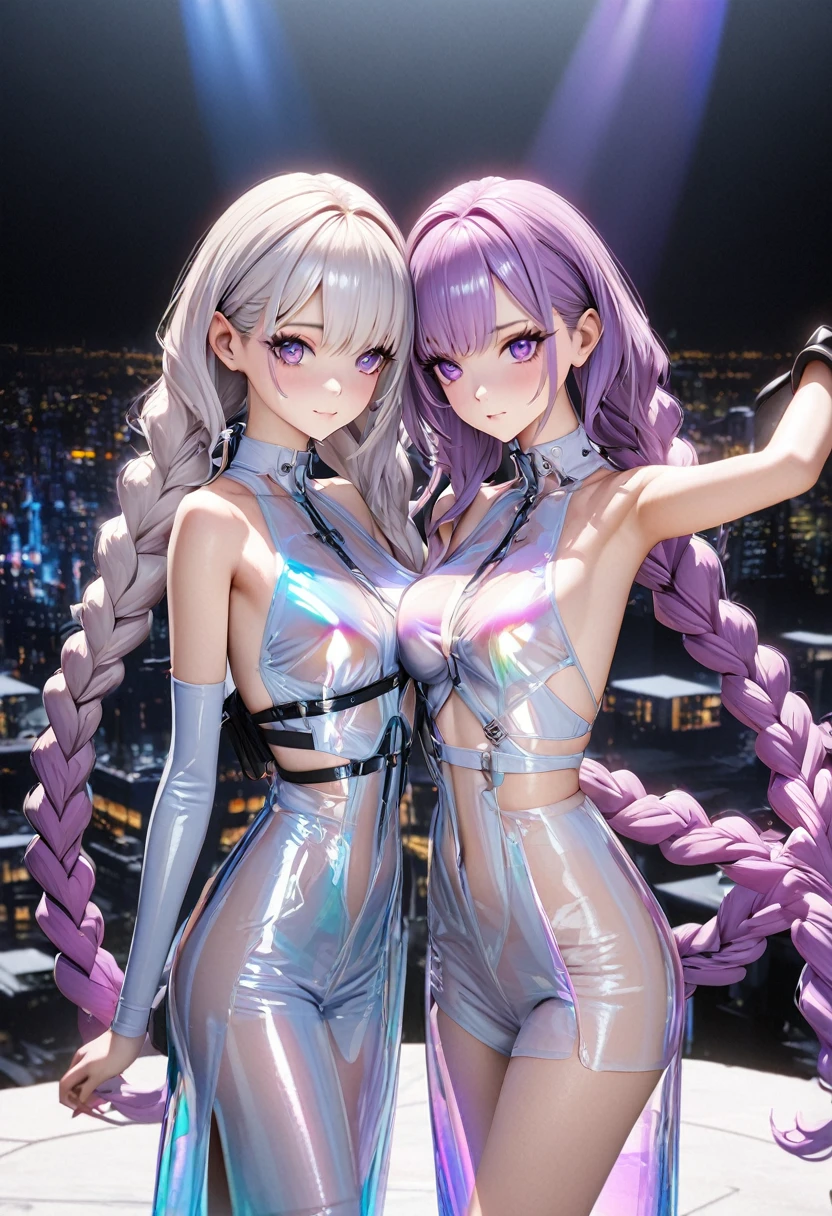 best quality,masterpiece, 2 girls side by side, yinji, purple hair, purple eyes, long hair, white hair, double braids, gradient hair, Refined and elegant, 3D Rendering, Transparent PVC clothing,Transparent colored vinyl garment,Prismatic,holographic,Chromatic Aberration,Fashion Illustration,looking at the audience,pixiv,Extremely detailed CG unified 8k wallpaper, Astonishing, movie lighting, Very detailed, Clear focus. (The background is a bustling city night scene) (Great Works: 1.3),  perfect work of art, 