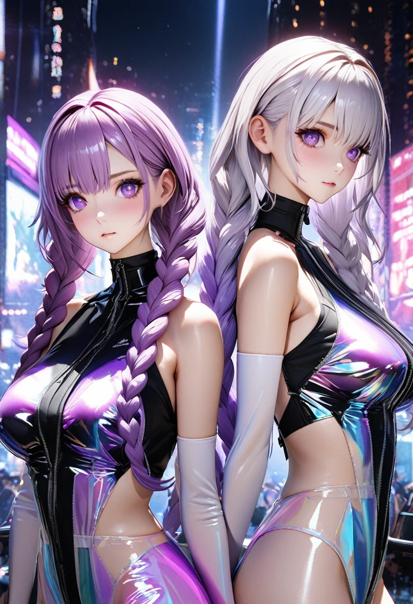 best quality,masterpiece, 2 girls side by side, yinji, purple hair, purple eyes, long hair, white hair, double braids, gradient hair, Refined and elegant, 3D Rendering, Transparent PVC clothing,Transparent colored vinyl garment,Prismatic,holographic,Chromatic Aberration,Fashion Illustration,looking at the audience,pixiv,Extremely detailed CG unified 8k wallpaper, Astonishing, movie lighting, Very detailed, Clear focus. (The background is a bustling city night scene) (Great Works: 1.3),  perfect work of art, 