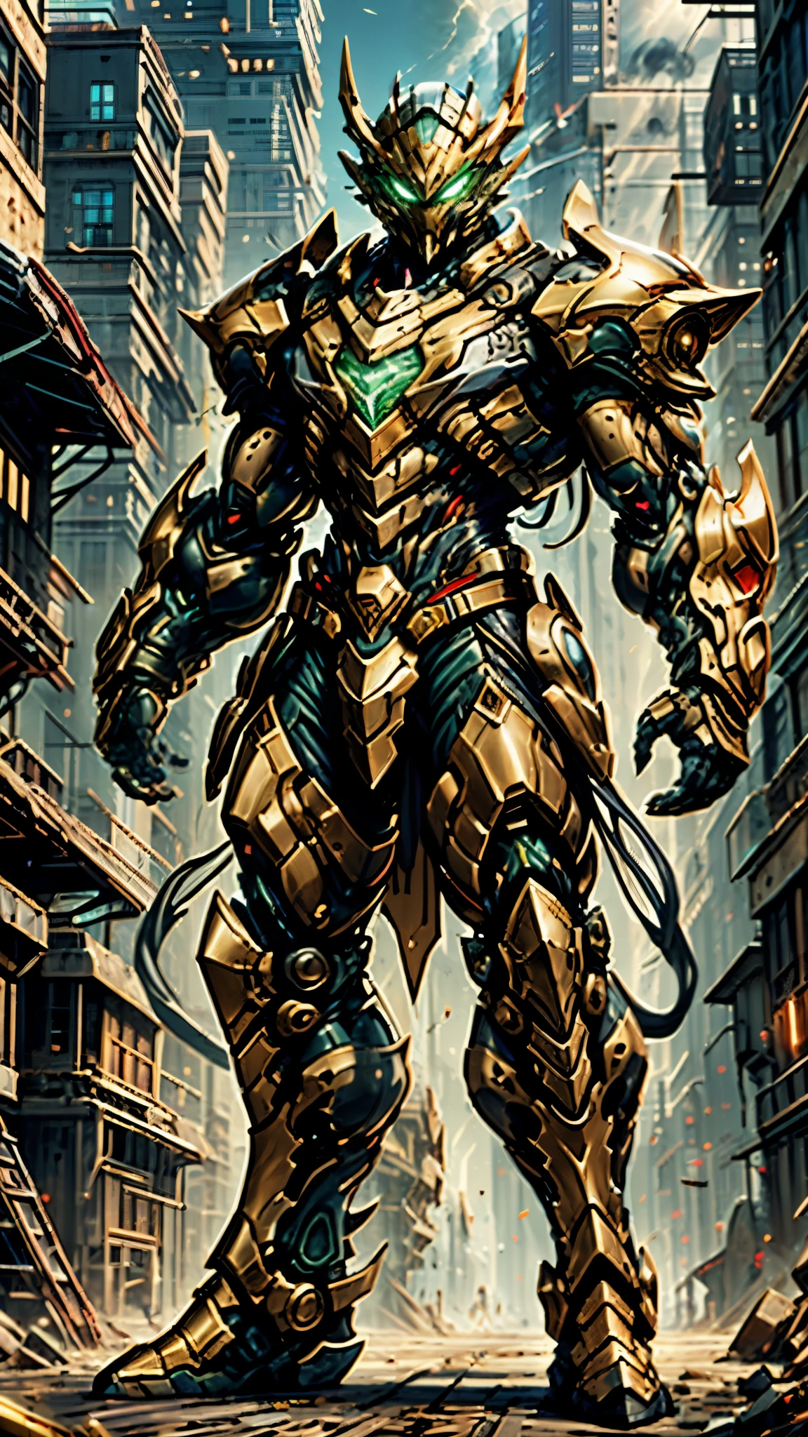 A man wearing a full-face helmet, a fantasy-style biotech armored combat suit, green eyes, (a composite layered chest armor), fully enclosed shoulder guards, matching arm and leg guards, the belt is adorned with 666 mark, (the color scheme is primarily red with yellow and white accents), the design balances heavy with agility, a high-tech bio-mecha armor, (Armor Concept Inspired by Demon, stand on the top of a skyscraper in a futuristic sci-fi city), this character embodies a finely crafted fantasy-surreal style armored hero in anime style, exquisite and mature manga art style, (battle damage, element, plasma, energy, the armor glows), ((male:1.5)), metallic, real texture material, dramatic, high definition, best quality, highres, ultra-detailed, ultra-fine painting, extremely delicate, professional, perfect body proportions, golden ratio, anatomically correct, symmetrical face, extremely detailed eyes and face, high quality eyes, creativity, RAW photo, UHD, 32k, Natural light, cinematic lighting, masterpiece-anatomy-perfect, masterpiece:1.5