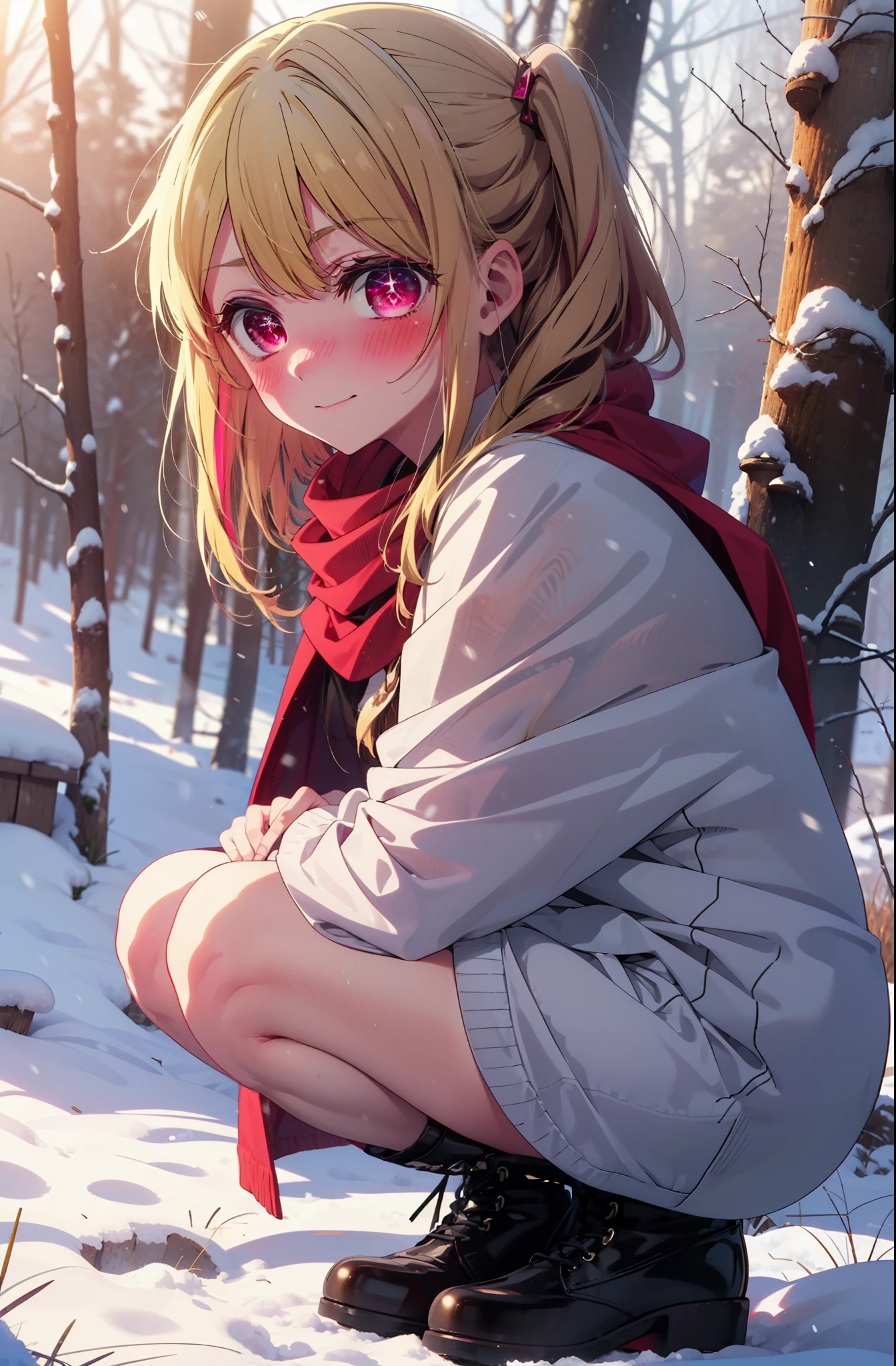 rubyhoshino, Hoshino Ruby, Long Hair, bangs, Blonde Hair, (Pink Eyes:1.3), Side Lock, (Symbol-shaped pupil:1.5), Multicolored Hair, Two-tone hair, smile,,smile,blush,White Breath,
Open your mouth,snow,Ground bonfire, Outdoor, boots, snowing, From the side, wood, suitcase, Cape, Blurred, , forest, White handbag, nature, Squat, Mouth closed, Cape, winter, Written boundary depth, Black shoes, red Cape break looking at viewer, Upper Body, whole body, break Outdoor, forest, nature, break (masterpiece:1.2), highest quality, High resolution, unity 8k wallpaper, (shape:0.8), (Beautiful and beautiful eyes:1.6), Highly detailed face, Perfect lighting, Extremely detailed CG, (Perfect hands, Perfect Anatomy),