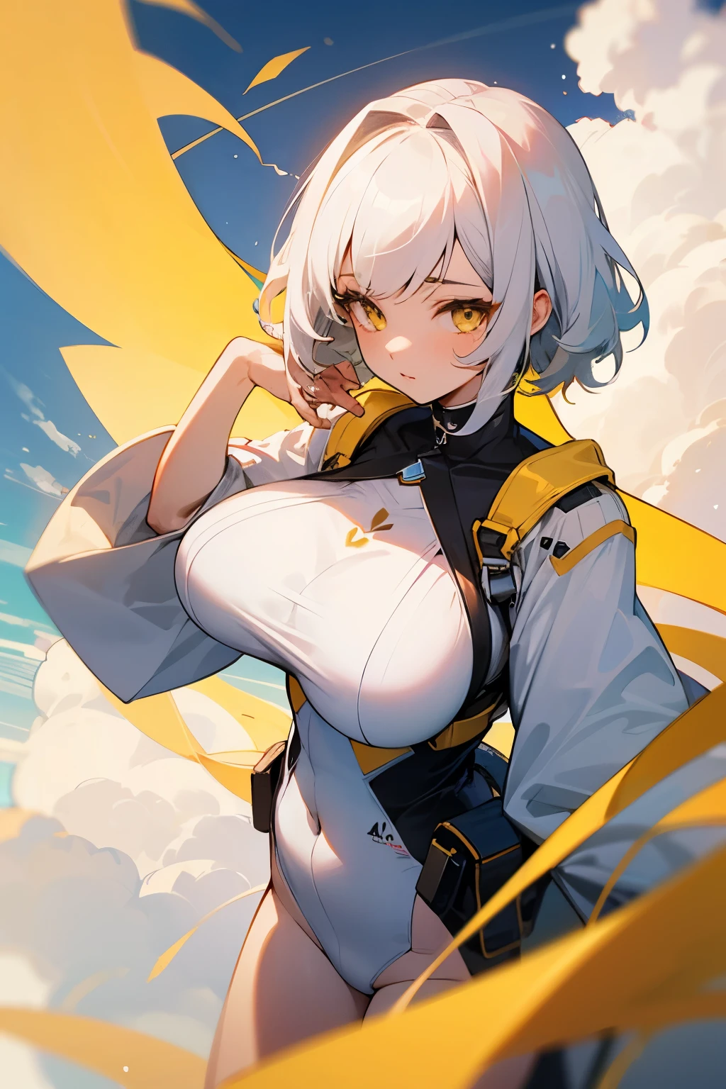 Girl, cloud, short white hair, beautiful yellow eyes, big breasts, ☁️💛