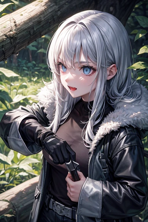 danger,in the forest,Silver coat,Sharp Fangs,violent,cute,girl