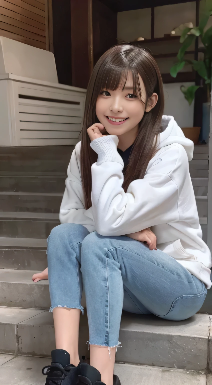 highest quality, Realistic, Very detailed, Finer details, High resolution, 8k wallpaper, One beautiful woman,Sit on the stairs、（Wear black socks）smile、（Beautiful teeth alignment、）（Gums are visible） Oversized hoodie, Skinny jeans,（ Black sneakers）、Black Hair、 Beautiful Bangs、ear piercing、Perfect dynamic composition, Beautiful and detailed, Full Body Shot, A big smile brown hair