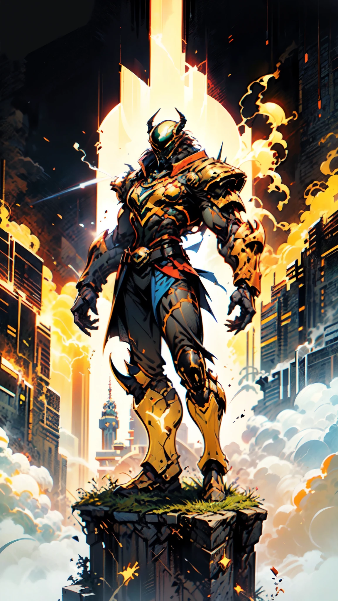 A man wearing a full-face helmet, a fantasy-style biotech armored combat suit, green eyes, (a composite layered chest armor), fully enclosed shoulder guards, matching arm and leg guards, the belt is adorned with 666 mark, (the color scheme is primarily red with yellow and white accents), the design balances heavy with agility, a high-tech bio-mecha armor, (Armor Concept Inspired by Demon, stand on the top of a skyscraper in a futuristic sci-fi city), this character embodies a finely crafted fantasy-surreal style armored hero in anime style, exquisite and mature manga art style, (battle damage, element, plasma, energy, the armor glows), ((male:1.5)), metallic, real texture material, dramatic, high definition, best quality, highres, ultra-detailed, ultra-fine painting, extremely delicate, professional, perfect body proportions, golden ratio, anatomically correct, symmetrical face, extremely detailed eyes and face, high quality eyes, creativity, RAW photo, UHD, 32k, Natural light, cinematic lighting, masterpiece-anatomy-perfect, masterpiece:1.5