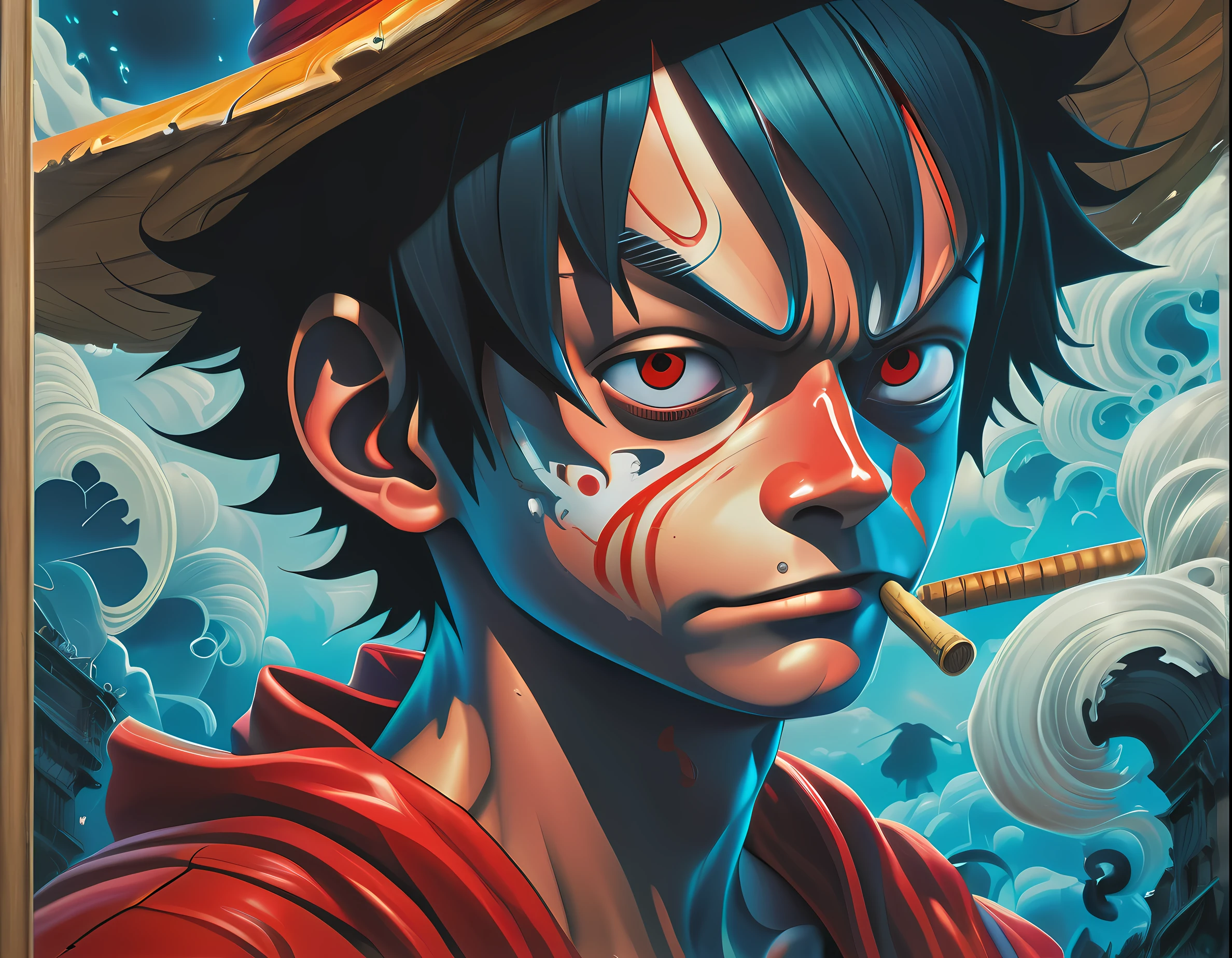 illustration, anime, Monkey D. Luffy, One Piece, vintage, port city, poster, in the style of [james jean], deathcore, [john pitre], detailed atmospheric portraits, oil painting, anime, biopunk, horror art, dark and intricate, unique illustrations, precisionist art, airbrush, mystical landscape, intricate psychedelic, dark azure and red, witchcore