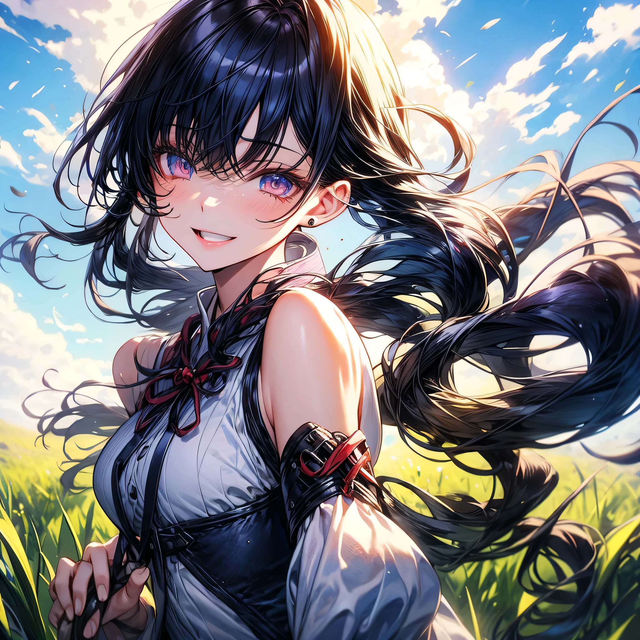 Raiden Mei, clear sky, grass, beautiful,