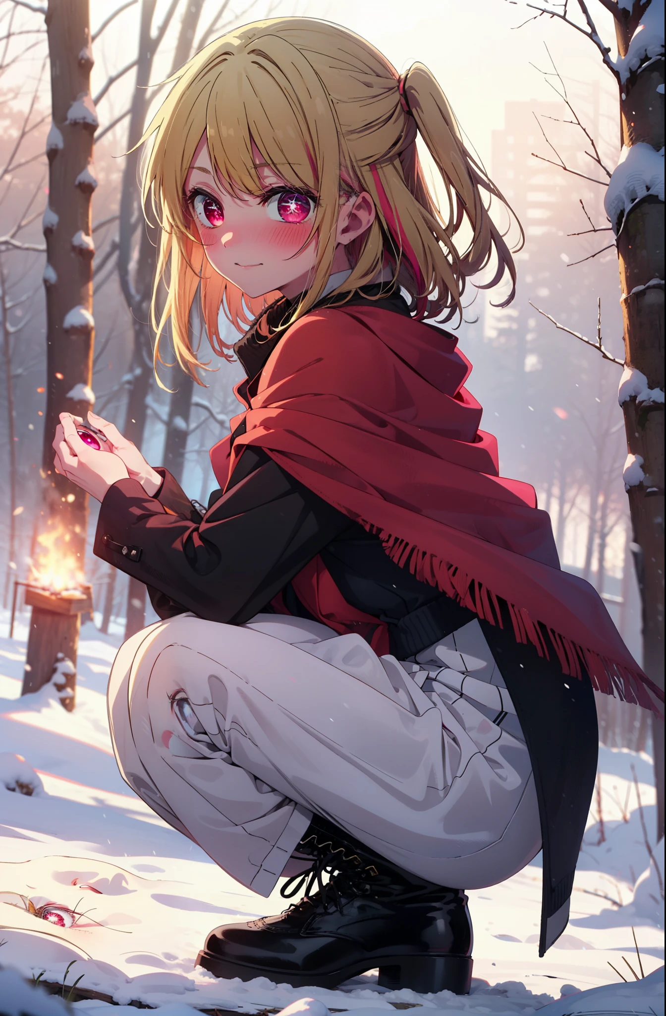 rubyhoshino, Hoshino Ruby, Long Hair, bangs, Blonde Hair, (Pink Eyes:1.3), Side Lock, (Symbol-shaped pupil:1.5), Multicolored Hair, Two-tone hair, smile,,smile,blush,White Breath,
Open your mouth,snow,Ground bonfire, Outdoor, boots, snowing, From the side, wood, suitcase, Cape, Blurred, , forest, White handbag, nature,  Squat, Mouth closed, Cape, winter, Written boundary depth, Black shoes, red Cape break looking at viewer, Upper Body, whole body, break Outdoor, forest, nature, break (masterpiece:1.2), highest quality, High resolution, unity 8k wallpaper, (shape:0.8), (Beautiful and beautiful eyes:1.6), Highly detailed face, Perfect lighting, Extremely detailed CG, (Perfect hands, Perfect Anatomy),