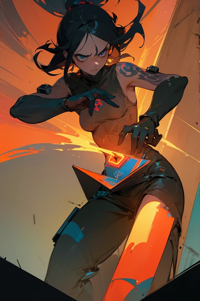 ((masterpiece)),1 girl, ultra detailed, ultra definition painting, vivid color, glaring to viewer, aura, precise background, geometry tattoo, cinematic, elaborate, ((((dramatic))), (((gritty))),