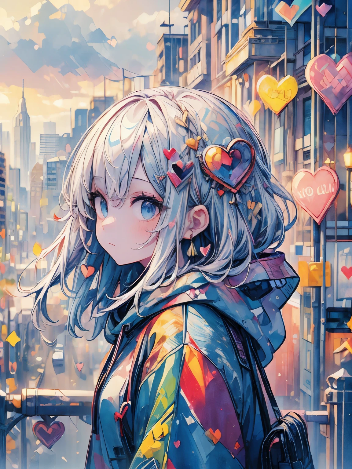 ((((masterpiece)))), highest quality, very_expensive_solve, Full Color, Gentle expression, Heart Eyes, 1 girl, Background heart cityscape, Street Style, Oversized hoodie, Looking from the side, Looking at this, watercolor, Bokeh, Cityscape