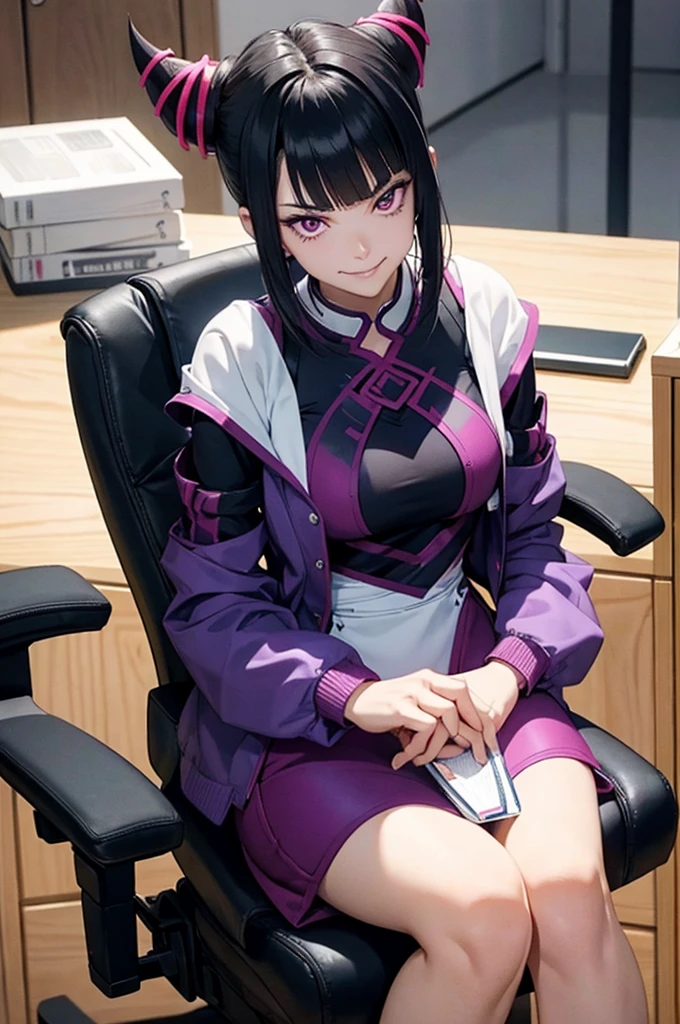 evil smile,juri han, evil smile, office, bangs in the eyes, lighting, hair horn, vision of up, looking up, smile, sitting on an office chair, legs crossed,corpo detalhado,belo corpo,imagem detalhada,An office with blue lights, professional, elegant, anime style