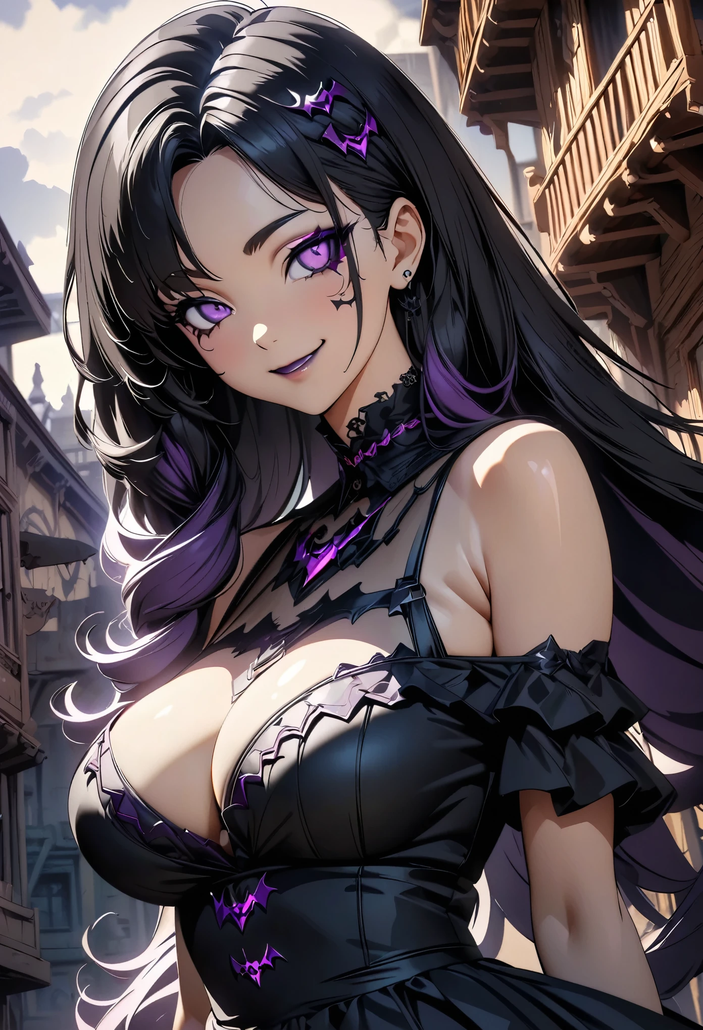 (highest quality:1.2, Very detailed, Anime Style, High Contrast, Detailed digital anime art, masterpiece:1.2, highest quality, Best aesthetics), 1 Female, Gothic Maiden Anime Girl, Gothic Cyberpunk, Gothic art style, Gothic art, Devil Anime Girl, Gothic horror atmosphere, Creepy Makeup, eye shadow, Bat motif accessories, Detailed dress decoration , Beautiful Gothic Dresses, Off the shoulder, Separated sleeves, Detailed accessories, Sheer dress, Black Hair, Long Hair, Braided Hair, Purple Bicolor, Purple Eye, Smile, Voluptuous Body, Female Curves, Random Pause, Western-style architecture, Western-style building background, Gorgeous interior, Dark Color Palette, Mature sex appeal, climax.