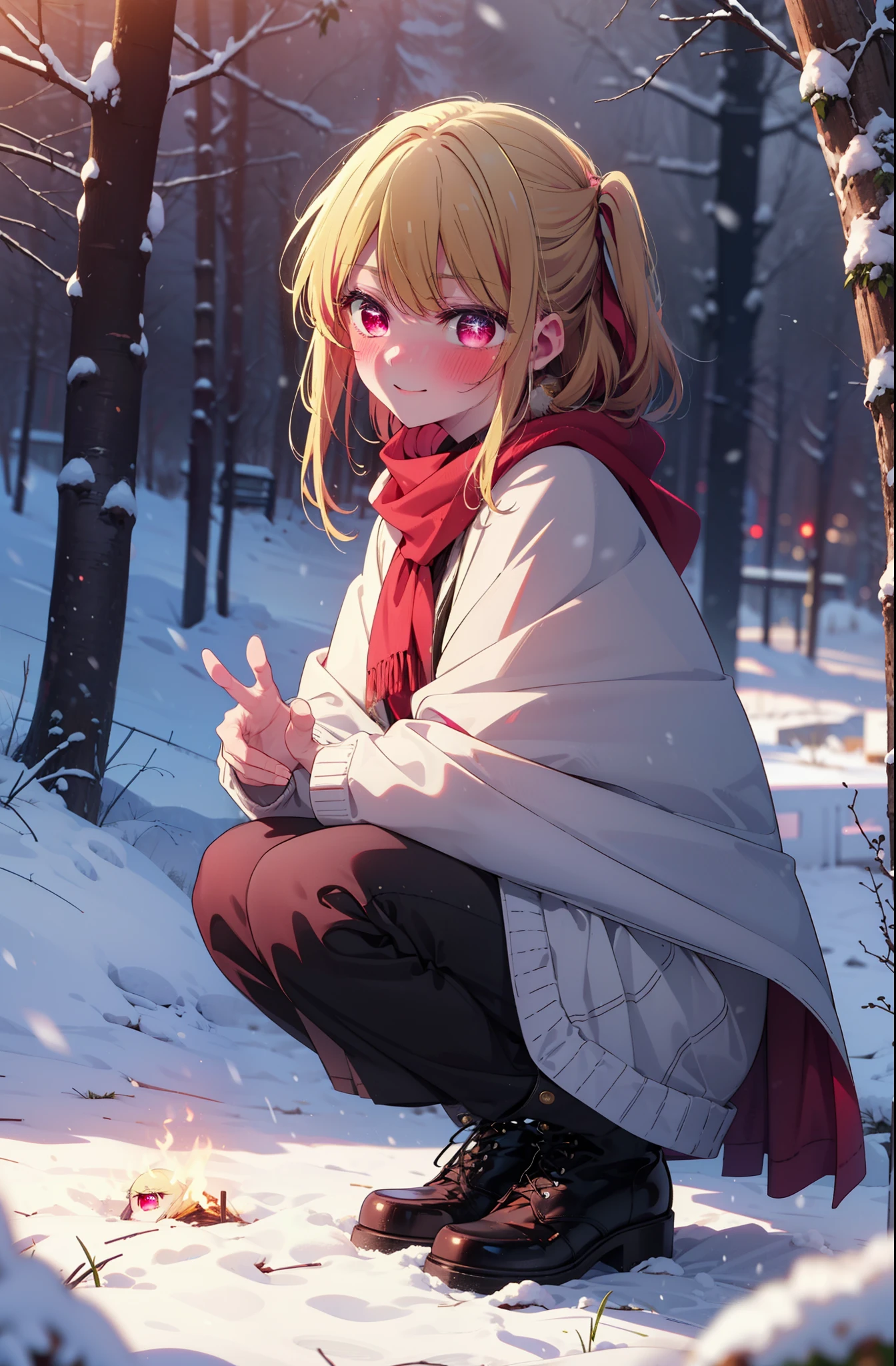 rubyhoshino, Hoshino Ruby, Long Hair, bangs, Blonde Hair, (Pink Eyes:1.3), Side Lock, (Symbol-shaped pupil:1.5), Multicolored Hair, Two-tone hair, smile,,smile,blush,White Breath,
Open your mouth,snow,Ground bonfire, Outdoor, boots, snowing, From the side, wood, suitcase, Cape, Blurred, , forest, White handbag, nature, Squat, Mouth closed, Cape, winter, Written boundary depth, Black shoes, red Cape break looking at viewer, Upper Body, whole body, break Outdoor, forest, nature, break (masterpiece:1.2), highest quality, High resolution, unity 8k wallpaper, (shape:0.8), (Beautiful and beautiful eyes:1.6), Highly detailed face, Perfect lighting, Extremely detailed CG, (Perfect hands, Perfect Anatomy),