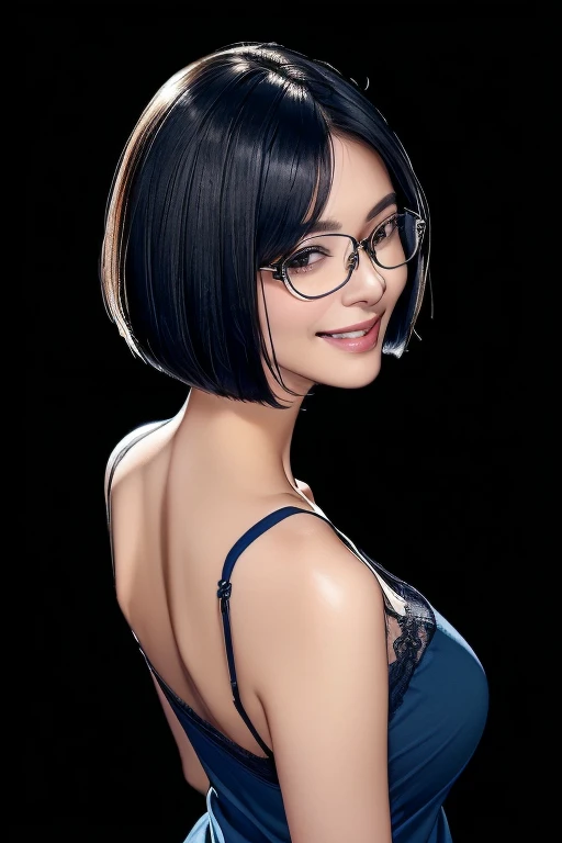 (masterpiece), (8k, best quality, high resolution), (ultra-detailed, realistic), (anatomically correct),
((from above)), ((looking up)),
((face close-up)), (Standing), (((looking back))), (No background),
(1woman), ((looking at viewer)), (show your back),
(A Japanese woman, 30 years old and 155cm tall.),
((Wear a navy blue tunic camisole)), ((A camisole without decoration.)),
(black hair), (straight hair), (short hair style), ((bob cut)),
(wear glasses), (black square cell glasses),
((smile broadly)),
(Her impression is pure, clean and kind.),