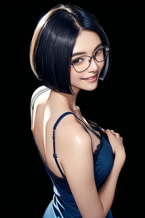 (masterpiece), (8k, best quality, high resolution), (ultra-detailed, realistic), (anatomically correct),
((from above)), ((looking up)),
((face close-up)), (Standing), (((looking back))), (No background),
(1woman), ((looking at viewer)), (show your back),
(A Japanese woman, 30 years old and 155cm tall.),
((Wear a navy blue tunic camisole)), ((A camisole without decoration.)),
(black hair), (straight hair), (short hair style), ((bob cut)),
(wear glasses), (black square cell glasses),
((smile broadly)),
(Her impression is pure, clean and kind.),
