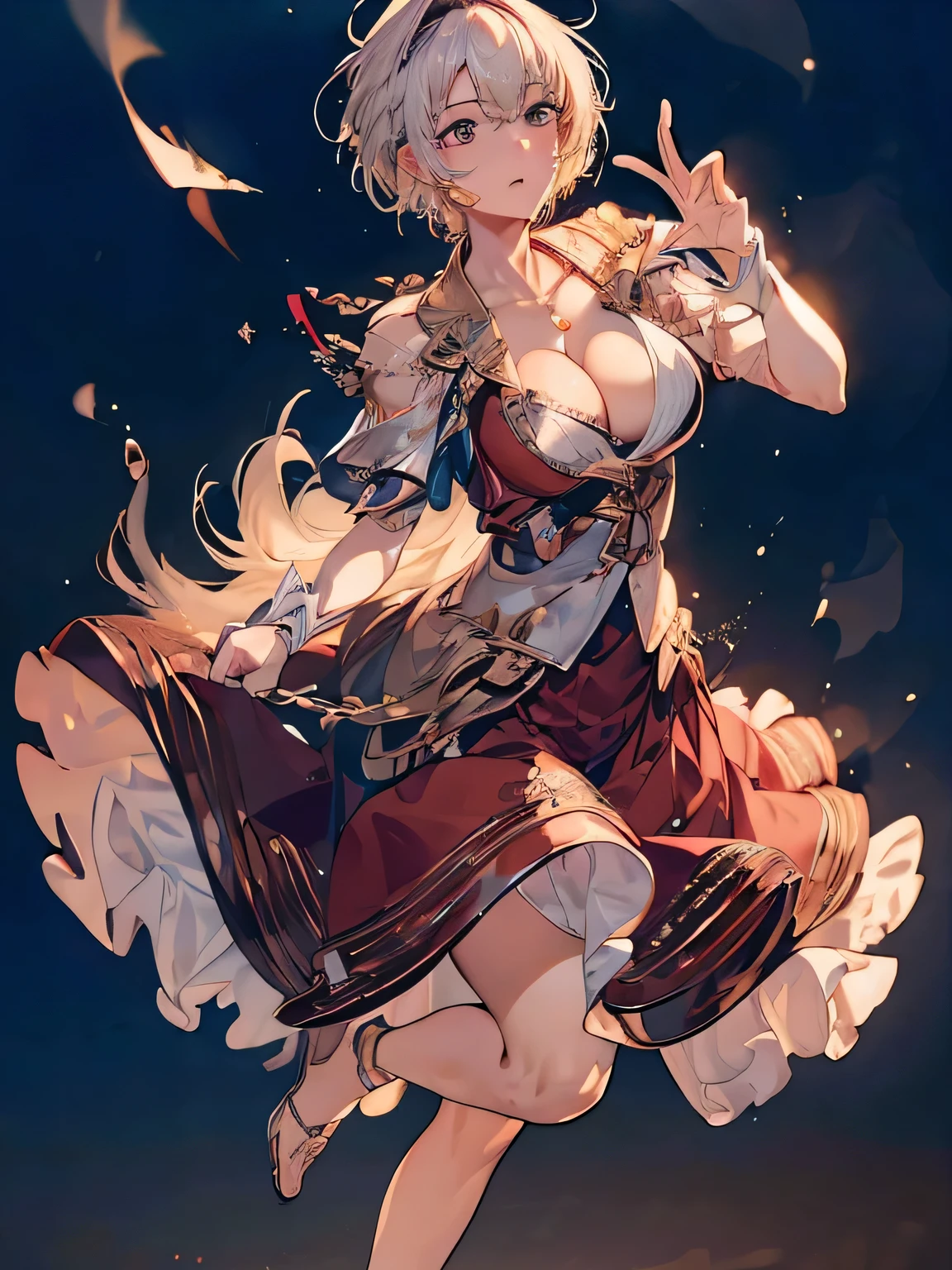 (( (masterpiece),(Very detailed CG Unity 8k wallpaper),(Bust Shot:1.5), highest quality,Cinema Lighting,Photorealistic, Detailed Background,Beautiful and beautiful eyes,Bright Eyes,(Very elegant and beautiful),(Beautifully detailed eye depiction),Very detailed,masterpiece,High resolution)), Richly decorated armor, Beautiful Female Warrior, short hair, Platinum Blonde Hair, Cleavage、Various actions、Various clothes、Red costume、Various poses、Colorful costumes、whole body、Beautiful feet