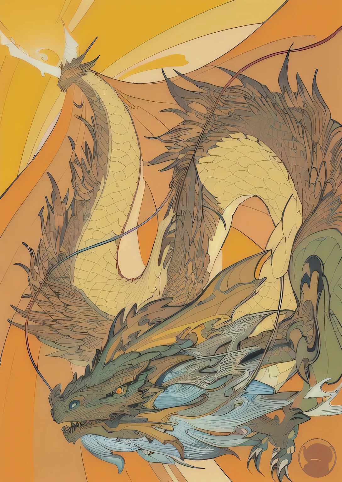 there is a dragon that is flying through the air, victo ngai style, inspired by Victo Ngai, majestic japanese dragon, victo ngai and tristan eaton, dragon art, colossal dragon as background, hyper detail illustration, victo ngai! muted colors, victo ngai and surrealism, full color illustration, detailed digital illustration