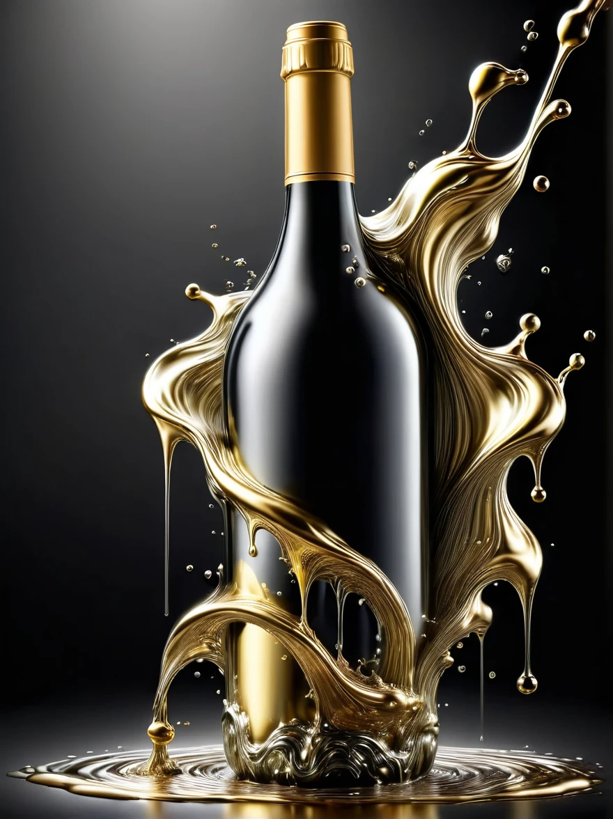 (Liquid metal wine bottle:1.5)，(White wine made from liquid metal)，Elegant Flow，Liquid metal flowing, Metal smelting，Liquid dripping