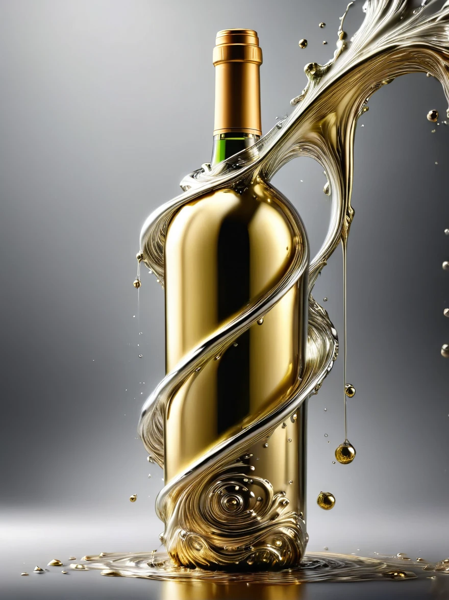 (Liquid metal wine bottle:1.5),(White wine made from liquid metal),Elegant Flow,Liquid metal flowing, Metal smelting,Liquid dripping