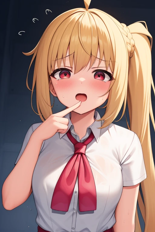 (masterpiece, highest quality:1.2), A girl with blonde hair and red eyes wearing a white shirt, Side Ponytail, Full Bang,(vulgarity:1.1),(fucked silly:1.1),(steam:1.1),(wet:1.1),(trembling:1.1) ,cryingtears,flying sweatdrops on stage, Super detaileded, highest quality, Expressive eyes, Perfect Face, super high quality, Super detailed,nsfw,cum string