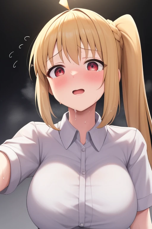 (masterpiece, highest quality:1.2), A girl with blonde hair and red eyes wearing a white shirt, Side Ponytail, Full Bang,(vulgarity:1.1),(fucked silly:1.1),(steam:1.1),(wet:1.1),(trembling:1.1) ,cryingtears,flying sweatdrops on stage, Super detaileded, highest quality, Expressive eyes, Perfect Face, super high quality, Super detailed,nsfw,cum string