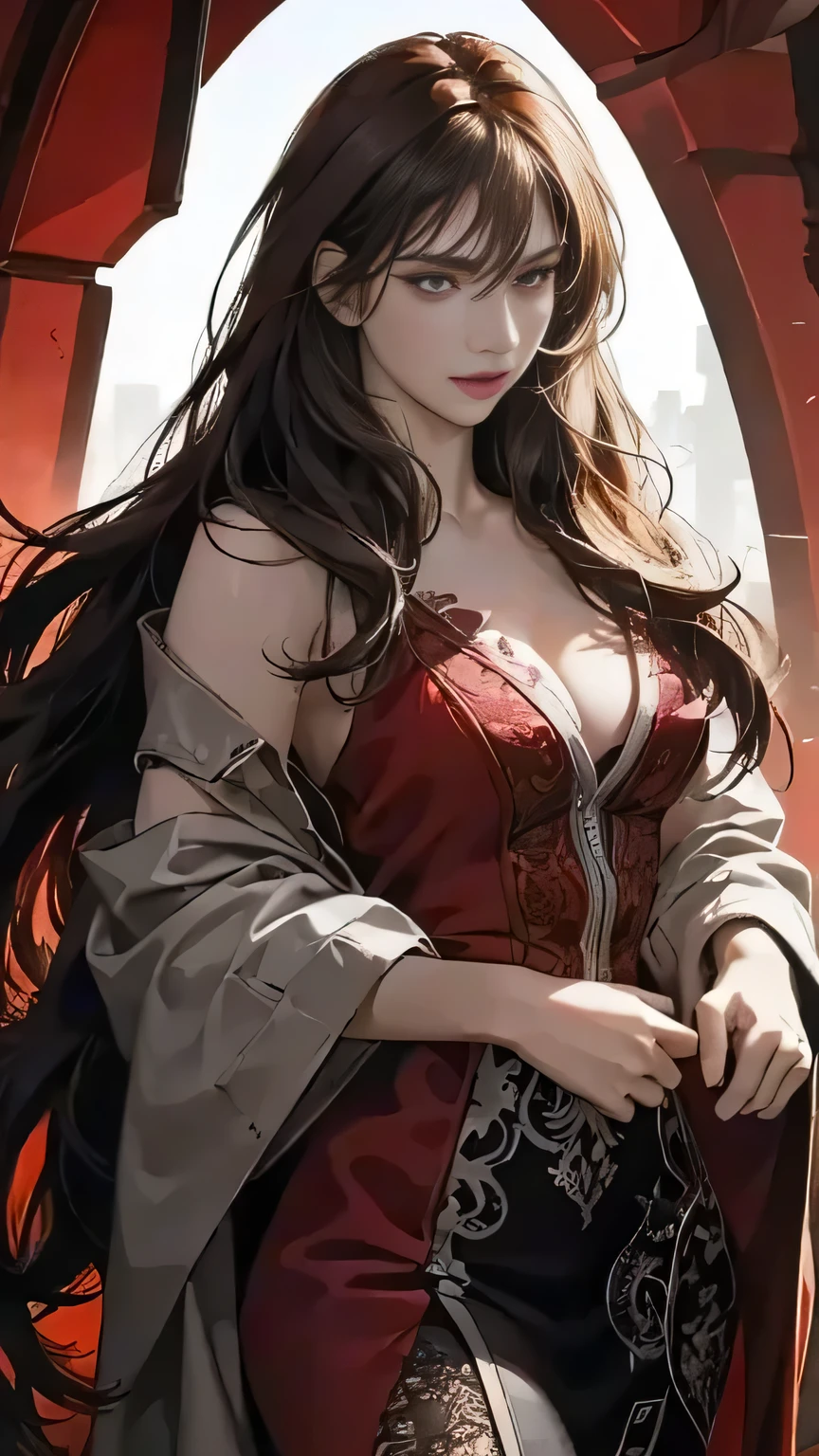 (Best Quality,4K,High resolution), 18yo woman, Red mesh hair on black hair, Long hair, Straight hair, , Comical appearance,(Best Quality,4K,High resolution), 18yo woman, Red highlights on black hair, Long hair, Straight hair, Transforming Woman,An abnormal,Cold eyes ,sharp eye,distressed look,Red glowing eyes,Facial expression enhancement,,Changing the Appearance of a Transform,beast,Beastification,Evil Fight,buttle,Delicate illustrations drawn in detail,Torn clothes with decoration,Disheveled clothes,Realistic portrayal,Vibrant colors,expresive,Classic background