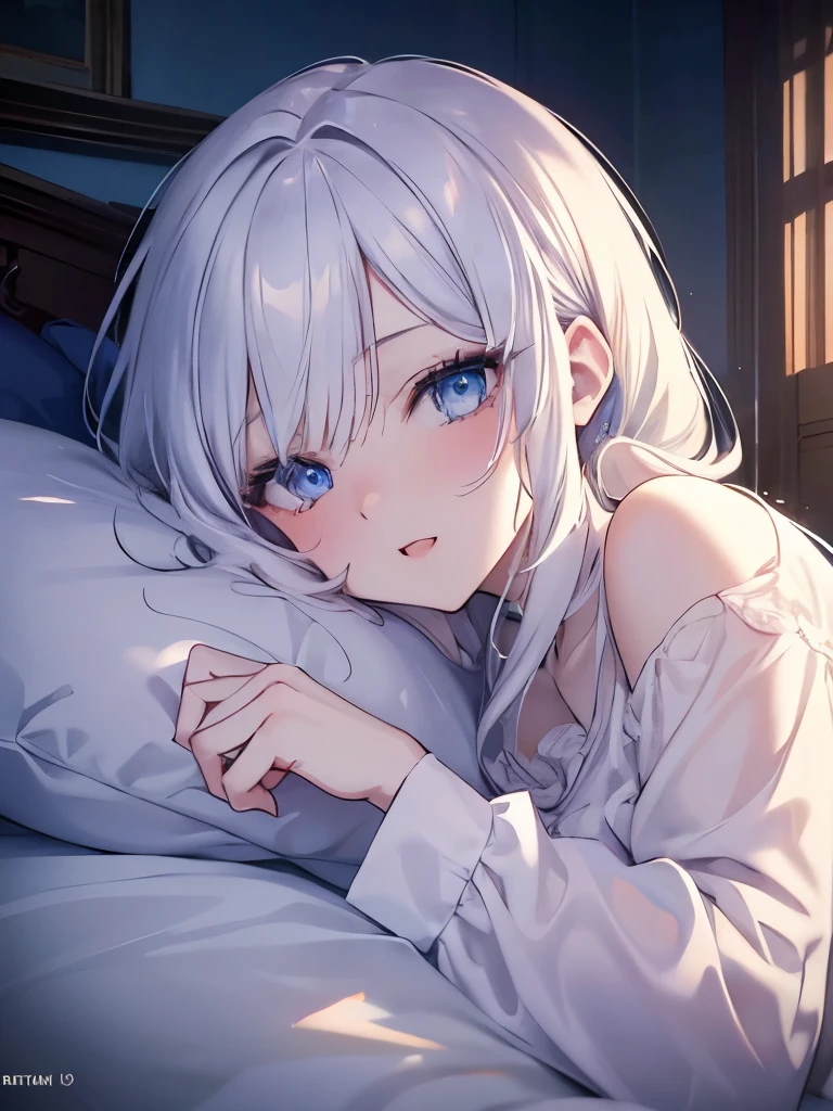 Masutepiece, Highest Quality, (Perfect face:1.1), (high detailing:1.1), (ultradetailed eyes), Dramatic,superfine illustration,Extremely detailed,1girl in,ager,pale skin,long white hair,Ethereal eyes,Blue eyes, With eyes highlights,Solo,Smile,Happy,Laugh,Enjoy, Open mouth,Pouty lips,Cinematic lighting, Cowboy Shot, pajamas, lying prone, sleeping,indoor,bedroom,midnight