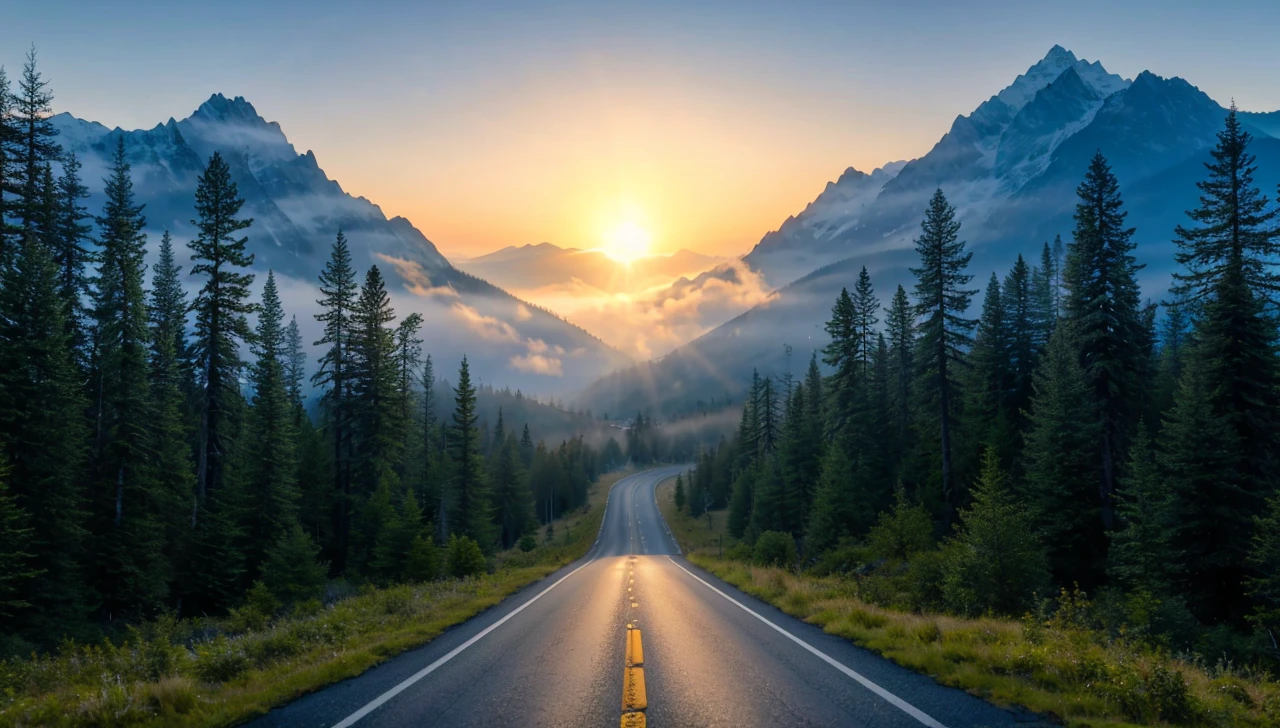 a realistic 16k photograph,ultra-detailed,hdr,studio lighting,extreme detail description,physically-based rendering,vivid colors,mountains,pine trees,sun,morning mist,road,driving perspective,ghostly effect