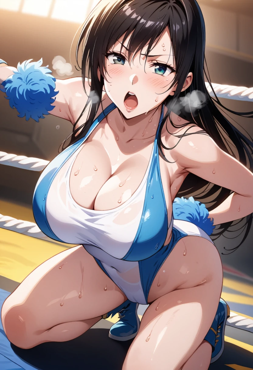Ultra-high resolution, 1 Girl, 18 years old, (Idols:1.4), (Famous actresses :1.4), (Beautiful detailed face:1), ((Best Quality)), 1 Girl:1, 18 I, Cinematic Light, Mood lighting, (((Perfect Anatomy:1.10))), (Finely detailed face:1.2), (Representative works:1.5), (Best Quality:1.2), Looking at the Viewer, Lipstick, V-shaped eyebrows, V Line Jaw, ((Prevents clothing from digging into the skin)), (Painful expression:1.3), (Heavy breathing:1.3), (The background is blurred), Glossy texture, Strong winds:1.3, (Long black hair:1.3), (Perfect Face:1.4), (Beautiful detailed eyes), (Close one eye:1.2), (((Open your mouth:1.1))), ((Shiny skin:1.3)), (Extremely smooth expressed skin), (((Sweaty skin:1.5))), ((((Sweating profusely:1.3)))), White Skin, Slender, Narrow nose, (Narrow waist:1), (Almond Eyes:1), (Big Breasts:1.2), There is cleavage in the chest, Bangs, Light makeup, Small Ass, (((Pro Wrestling Match Venues:1.3))), ((((Inside the professional wrestling ring:1.4)))), ((Sexy Striped Wrestling Costume:1.3)), ((Sexy design pure white swimsuit:1.3), (( Intricate design of white wrestling costume:1.3)), ((((The crotch is very wet:1.4)))), ((((Sweat makes clothes transparent:1.3)))), (Patent leather long wrestling boots), Thimble Skin Gloves, (((Fighting spirit:1.5))), (((Leaning posture:1.1))),