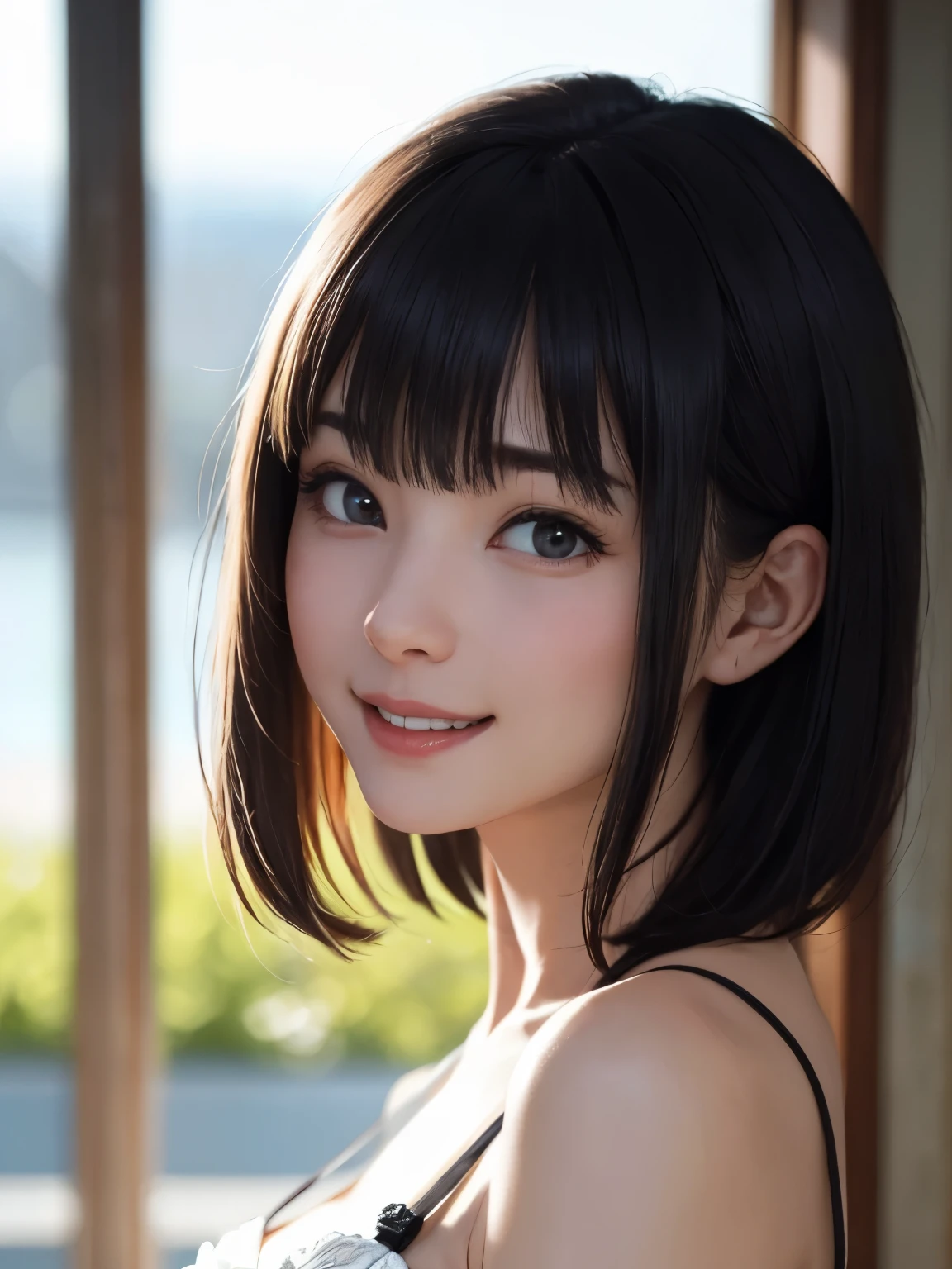 1 girl、highest quality、Realistic、alone、Written boundary depth、Natural soft light、Daytime、charm、Beautiful Face、Cleanliness、Pure Face、White skin、cute、short hair、prohibit、Beach、Light of the sun、Nedium Breast Body Esbian、((セーターを着たBeautiful Faceの黄金比 対称性のあるBeautiful Face))、Long neck、Listen carefully、prohibitのあるきれいな短いボブヘア、Laugh with your mouth closed、Perfect hands指、Perfect hands、Perfect body、Perfect Face、Shine a light into your eyes、Perfect Anatomy:1.4、とてもcuteスーパーモデル:1.4、{Huge|big|Hugeな|Mega} chest:2, chestの谷間:2