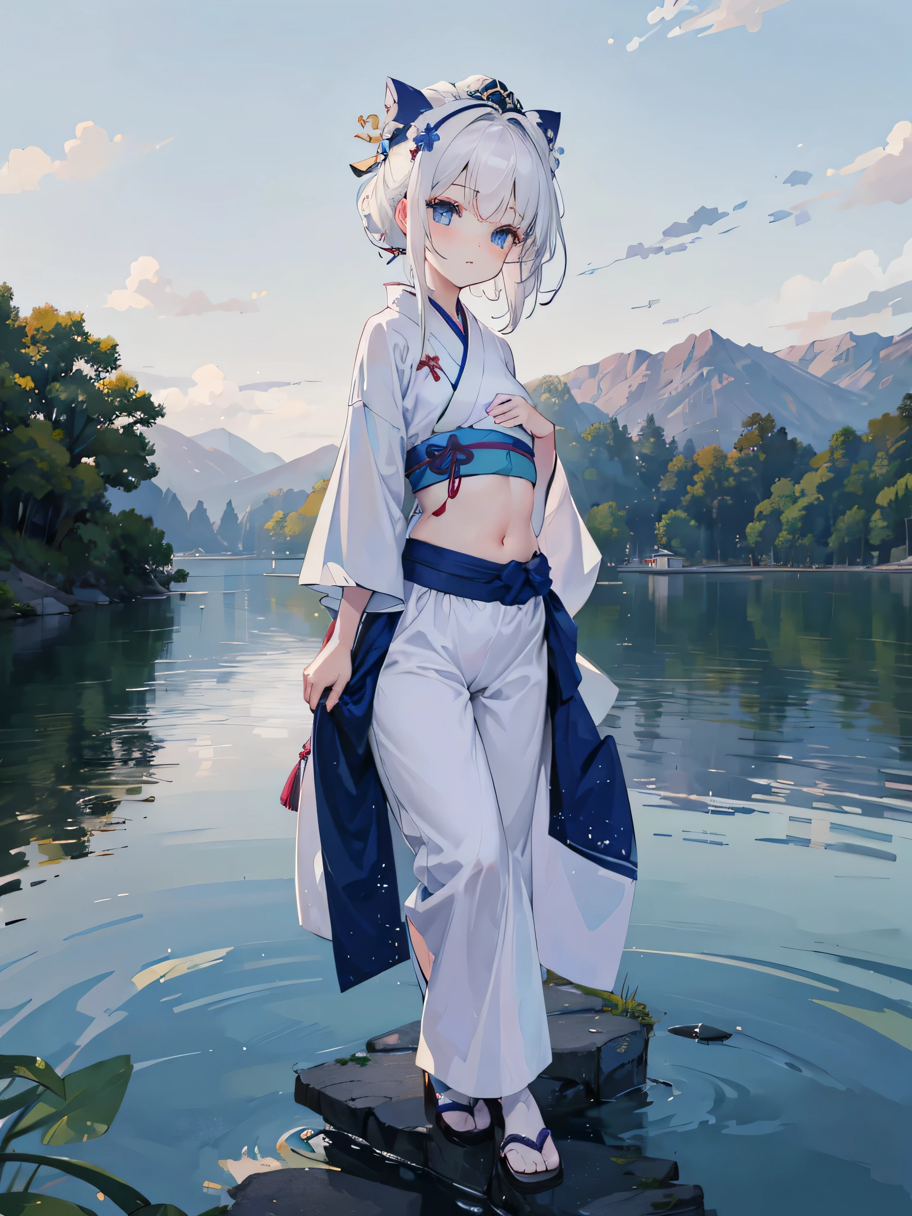 1 girl flat chest big fatty belly white hair blue eyes kimono lake water violet sky looking at viewer showing her pants