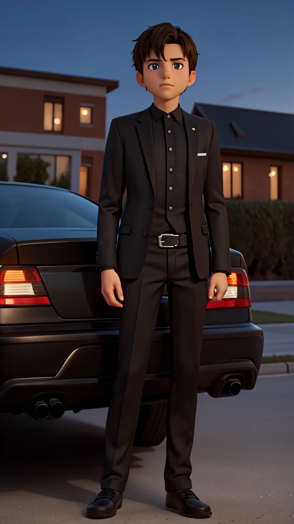 a beautiful boy wearing a black suit at night standing in front of his black bmw. beautiful background. good body shape. good face. good vibe