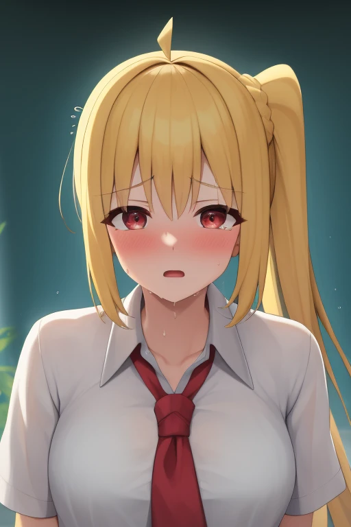 (masterpiece, highest quality:1.2), A girl with blonde hair and red eyes wearing a white shirt, Side Ponytail, Full Bang,(vulgarity:1.1),(fucked silly:1.1),(steam:1.1),(wet:1.1),(trembling:1.1) ,cryingtears,flying sweatdrops on stage, Super detaileded, highest quality, Expressive eyes, Perfect Face, super high quality, Super detailed,nsfw,female 