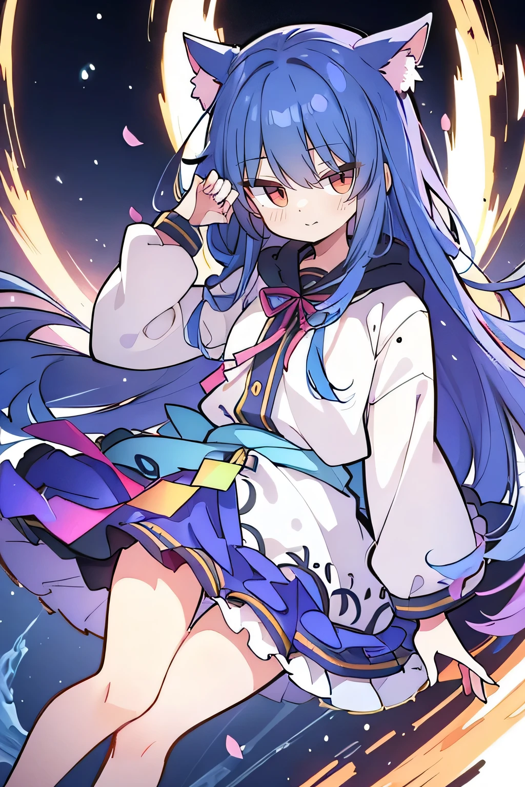 (masterpiece:1.2),Super detailed,lifelike,Expressive eyes,fair skin,perfect face shape,1 girl,
Japanese comics,Gorgeous blue hair,flowing blue hair,flowing clothes,Cat ears,Petals fall,beautiful lola,Baby Angel,sunrise,
Shaking head with one hand,Cross your legs,Gentle and peaceful background,The pavilion is cool and comfortable,smile, wearing hoodie, background of tokyo,back views,snowing, winter.
