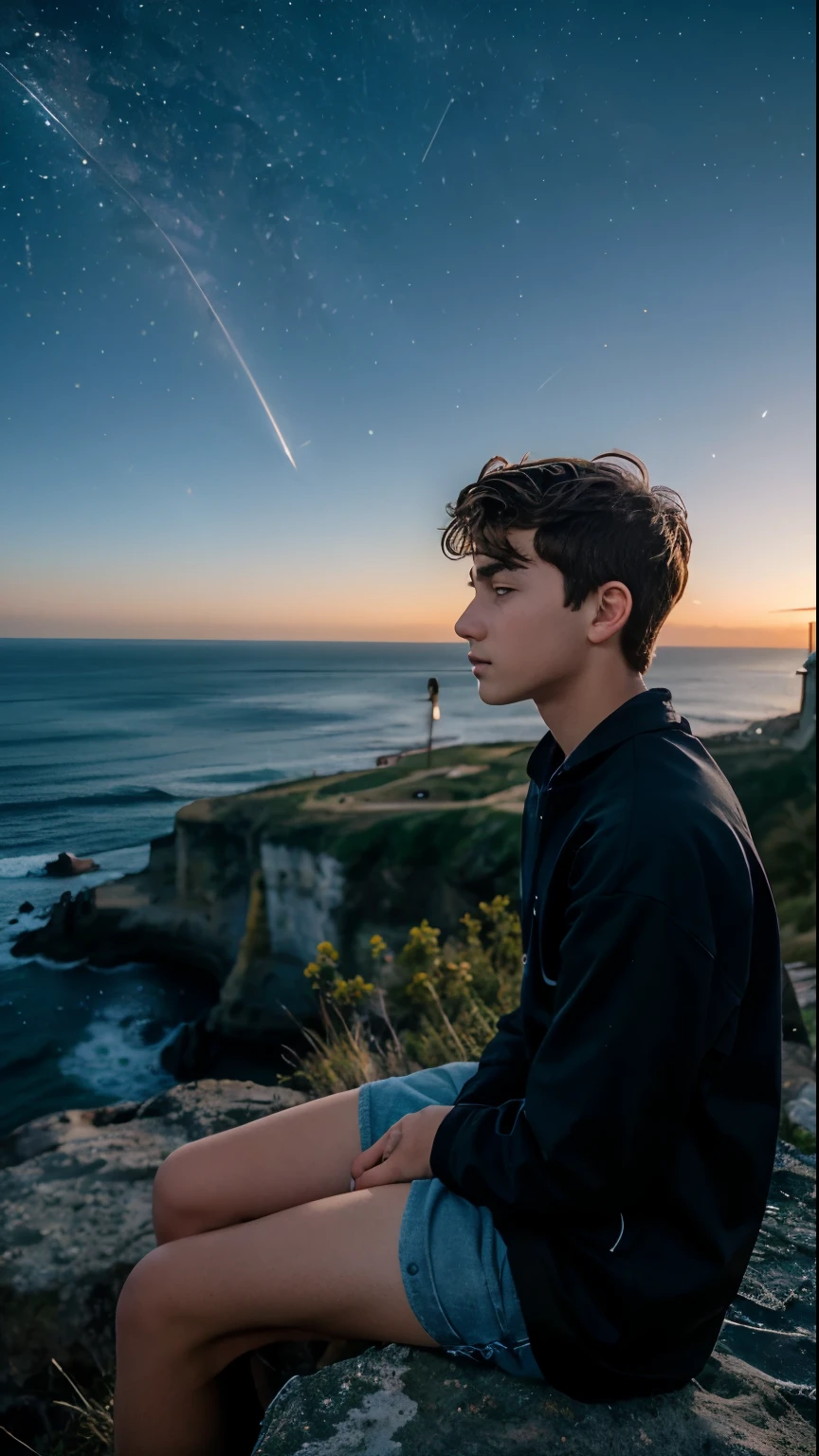 teenage boy sitting on a cliff facing the ocean and night sky